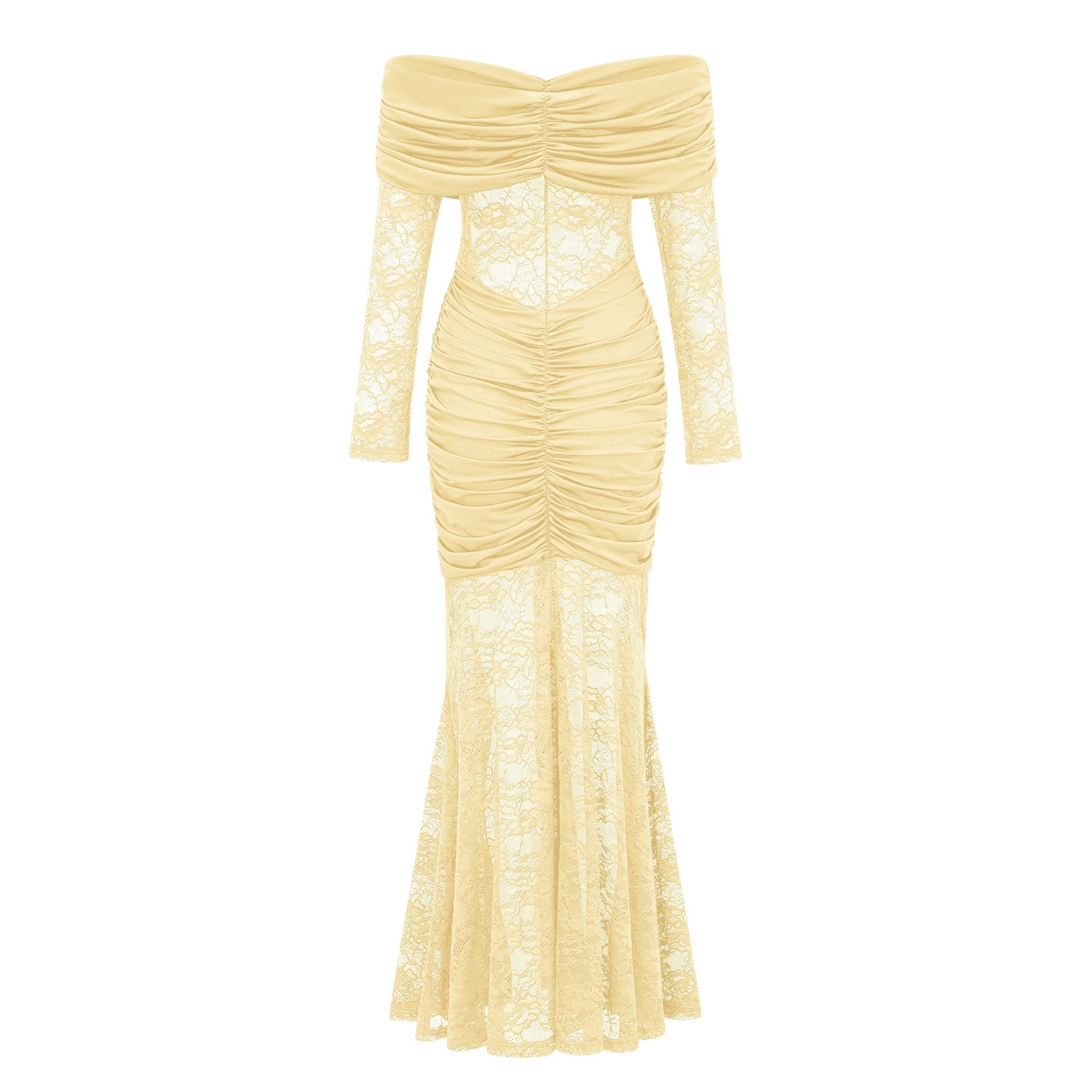 Brigitte Yellow Lace Panel Ruched Maxi Dress
