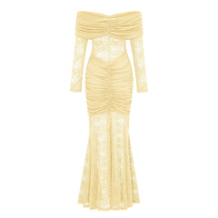 Brigitte Yellow Lace Panel Ruched Maxi Dress