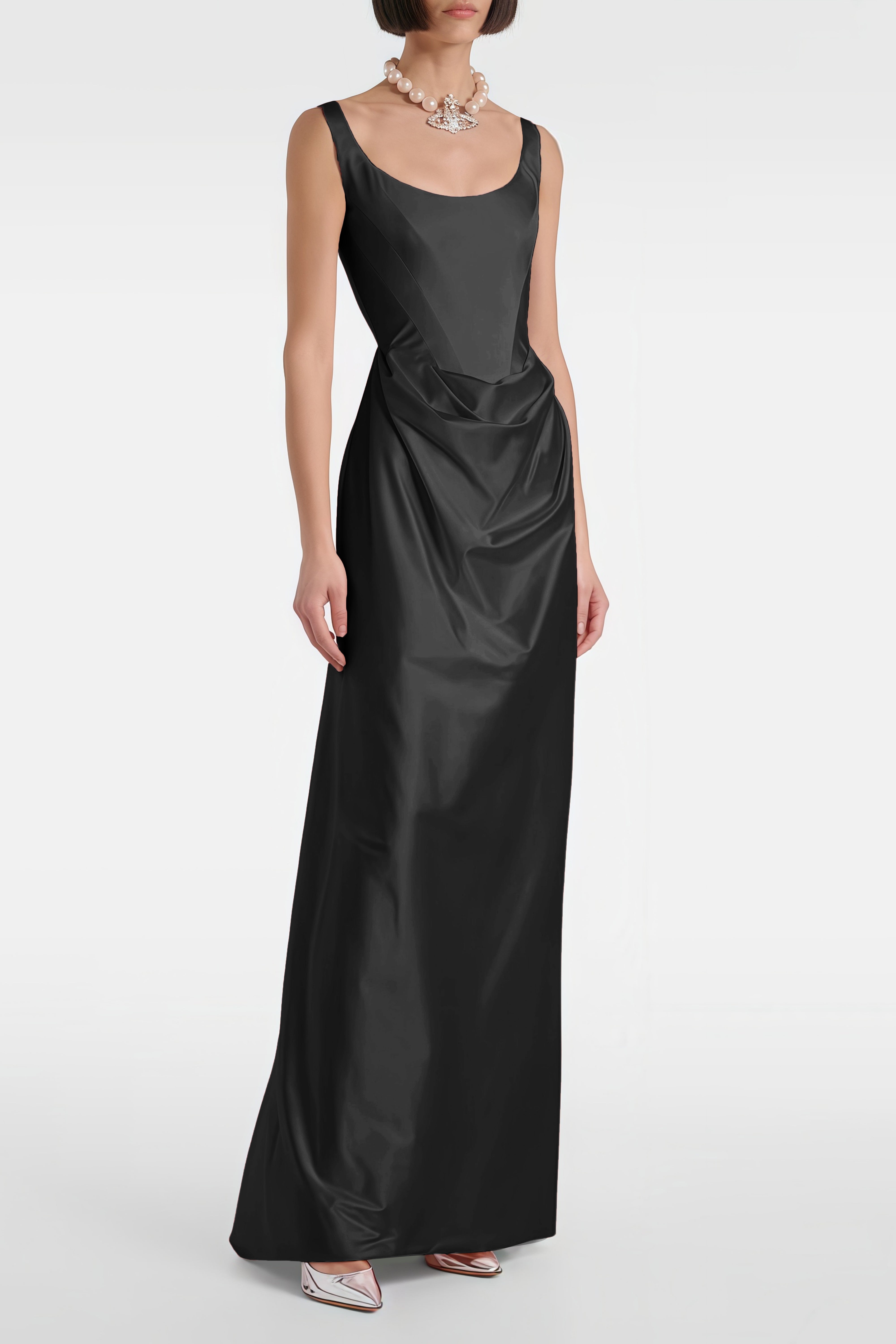 Fiona Black Satin Square Neck Maxi Dress