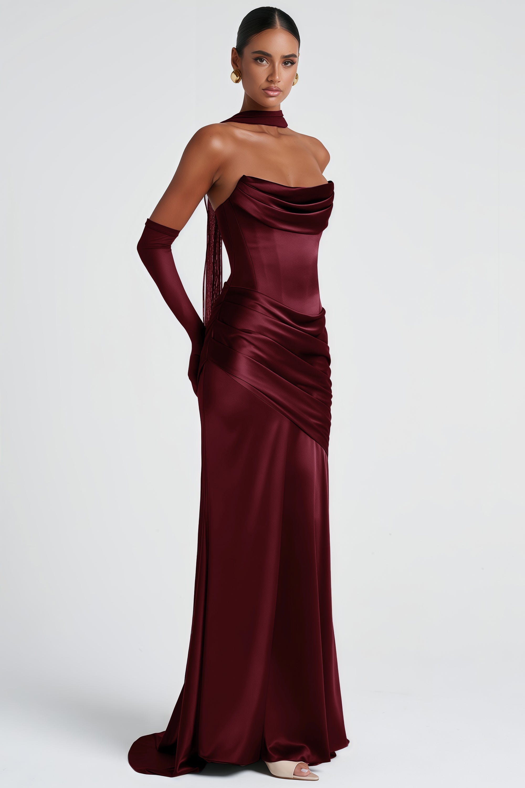 Marilou Burgundy Ruched Satin Maxi Dress