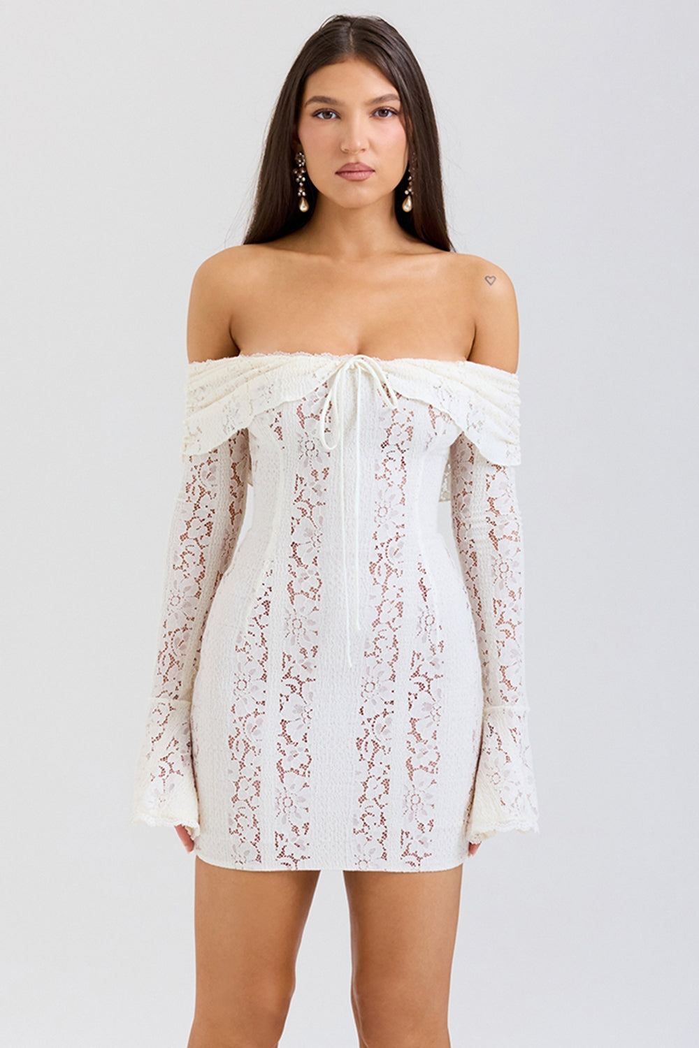 Sadie Vintage Floral Lace Off Shoulder Mini Dress - Cream white