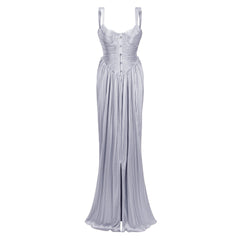 Nicoletta Silver Glossy Pleated Corset Maxi Dress