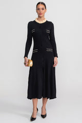 Long Sleeve Midi Dress With Button-Through Front And Contrast Pocket Trim - Black