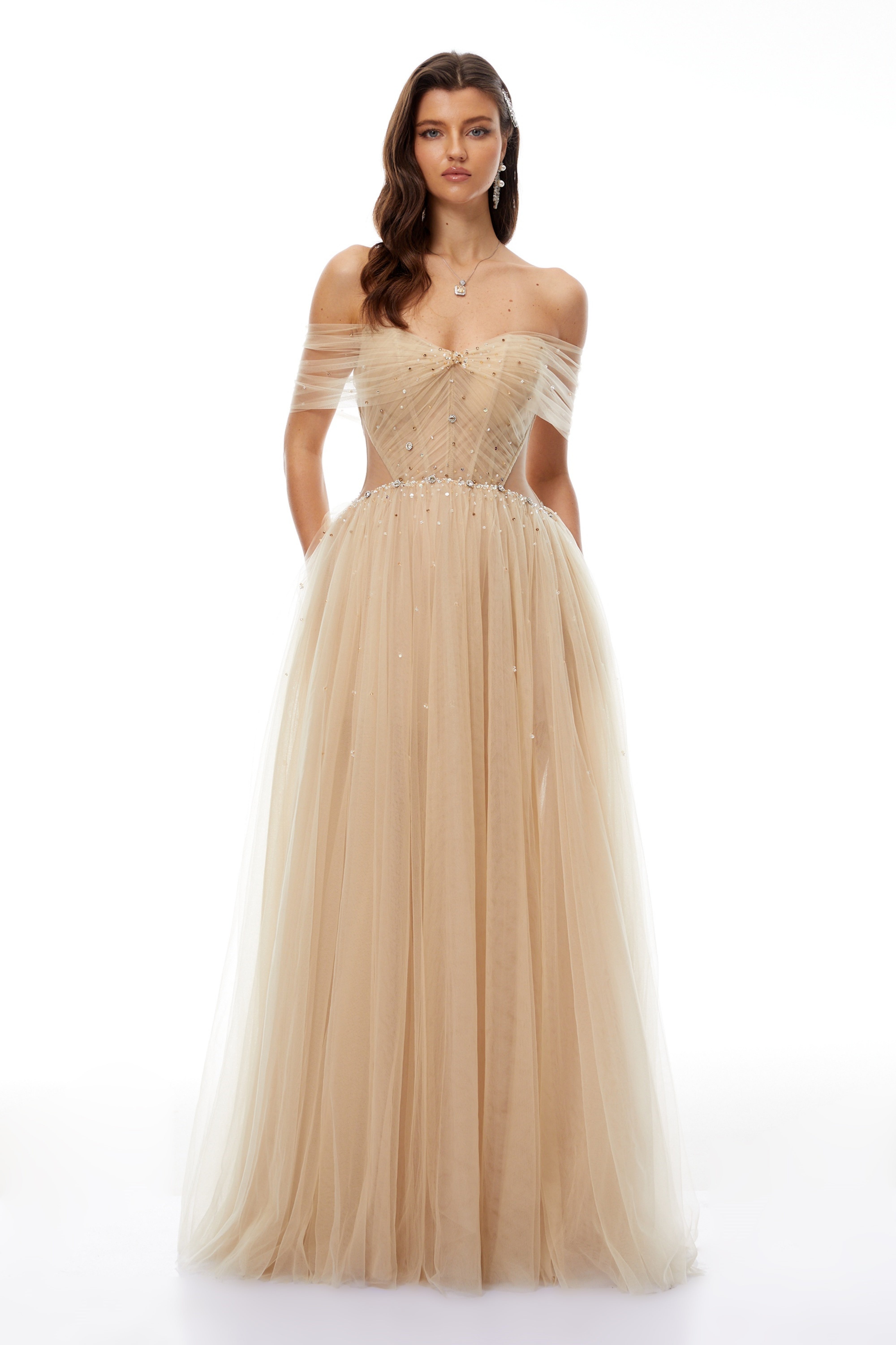 Georgia Neutral Embellished Tulle Maxi Gown