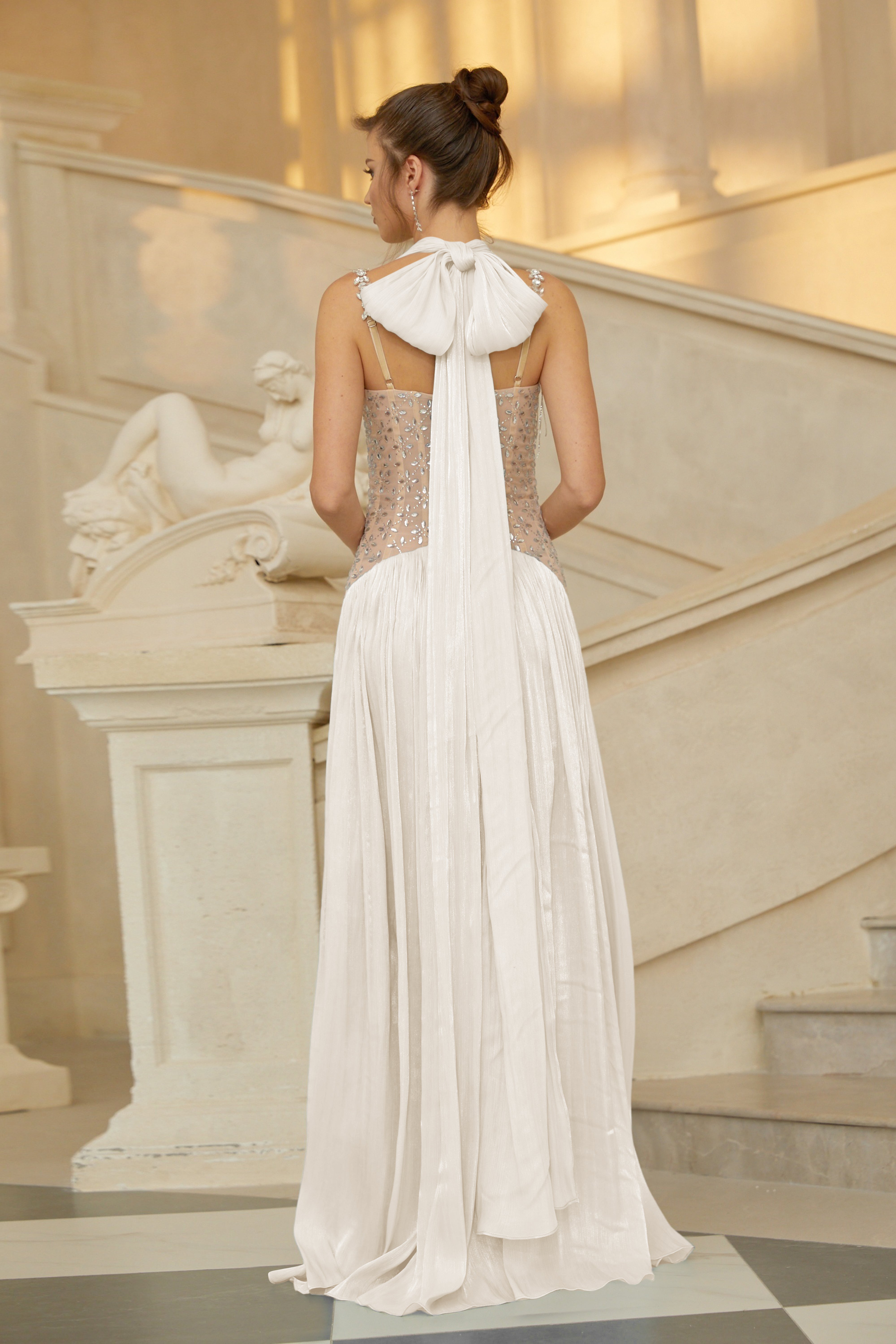 Gwenaëlle White Rhinestone Panel Maxi Dress