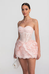 Strapless Lace Mini Dress With Corset Bodice And Bubble Hem Skirt - Blush Pink