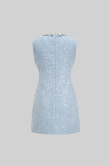 Textured Sleeveless Mini Dress With Sparkling Collar Details  - Blue