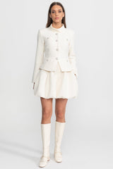 Textured Mini Dress with Crystal Button Embellishments – Ivoire