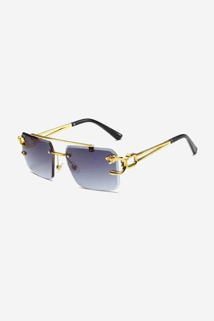 Rimless Square Sunglasses with Gold Panther Detail and Double-Bar Temples – Purple