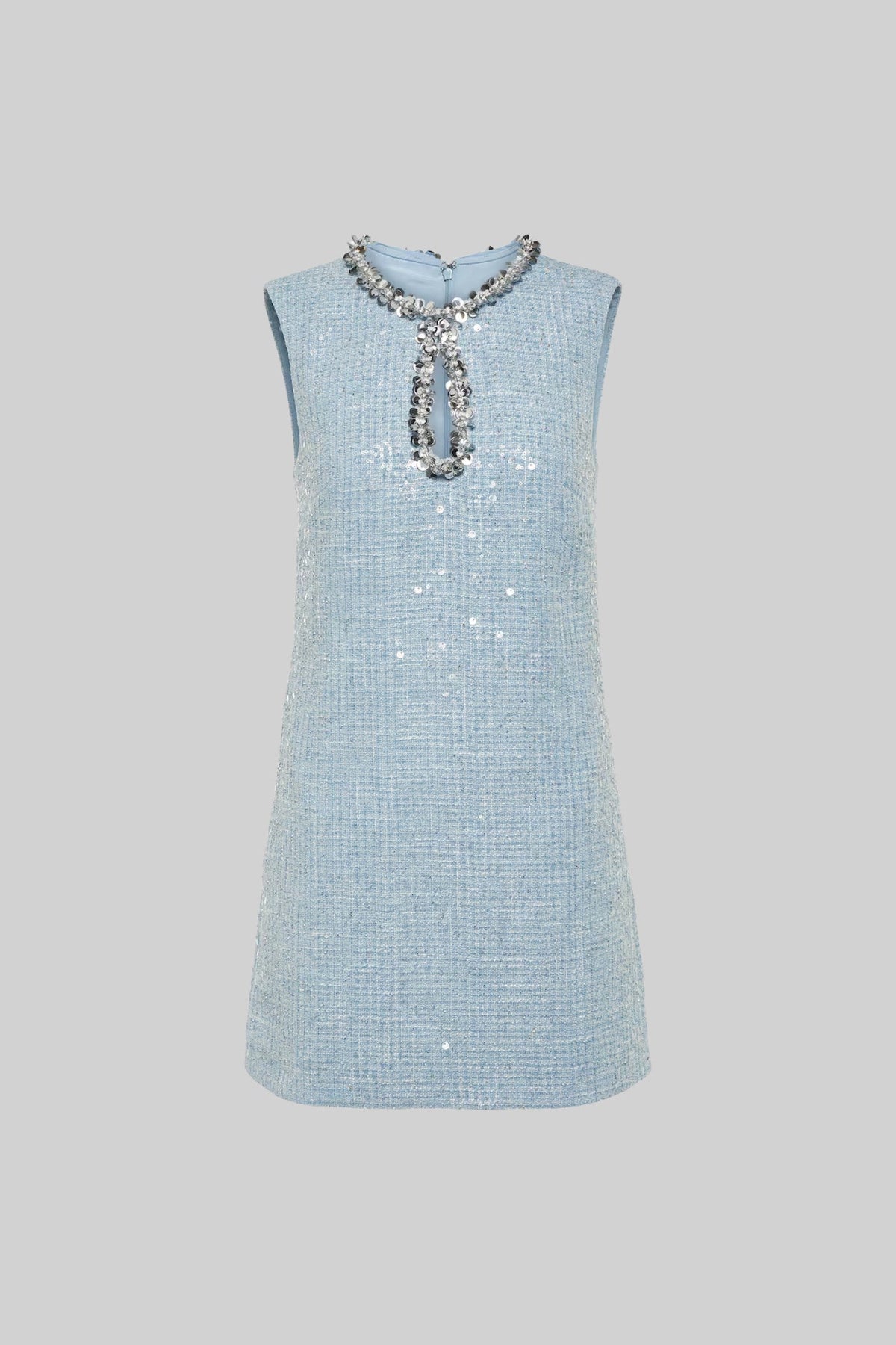 Textured Sleeveless Mini Dress With Sparkling Collar Details  - Blue