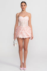 Strapless Lace Mini Dress With Corset Bodice And Bubble Hem Skirt - Blush Pink