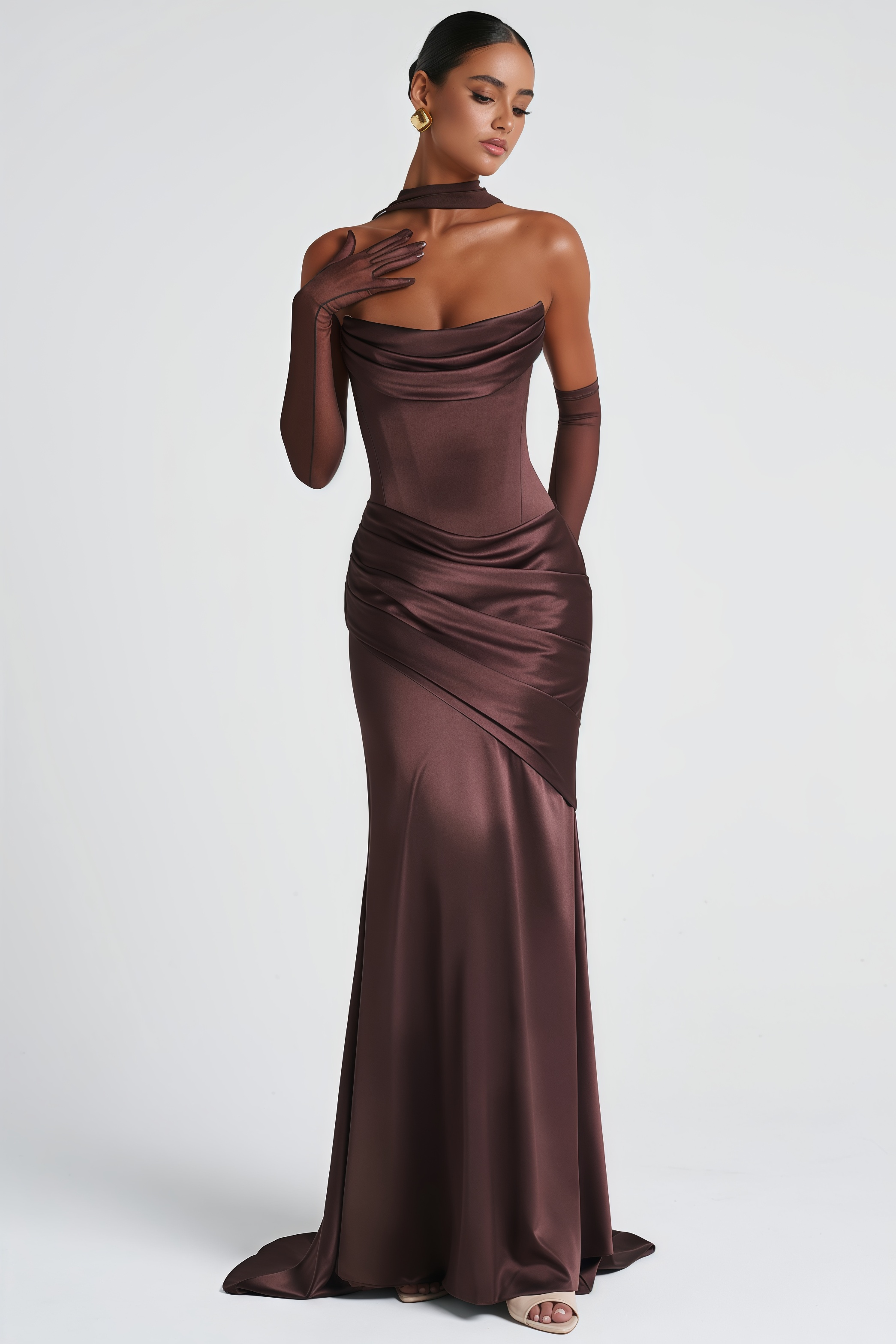 Marilou Brown Ruched Satin Maxi Dress