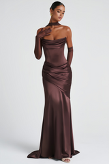 Marilou Brown Ruched Satin Maxi Dress