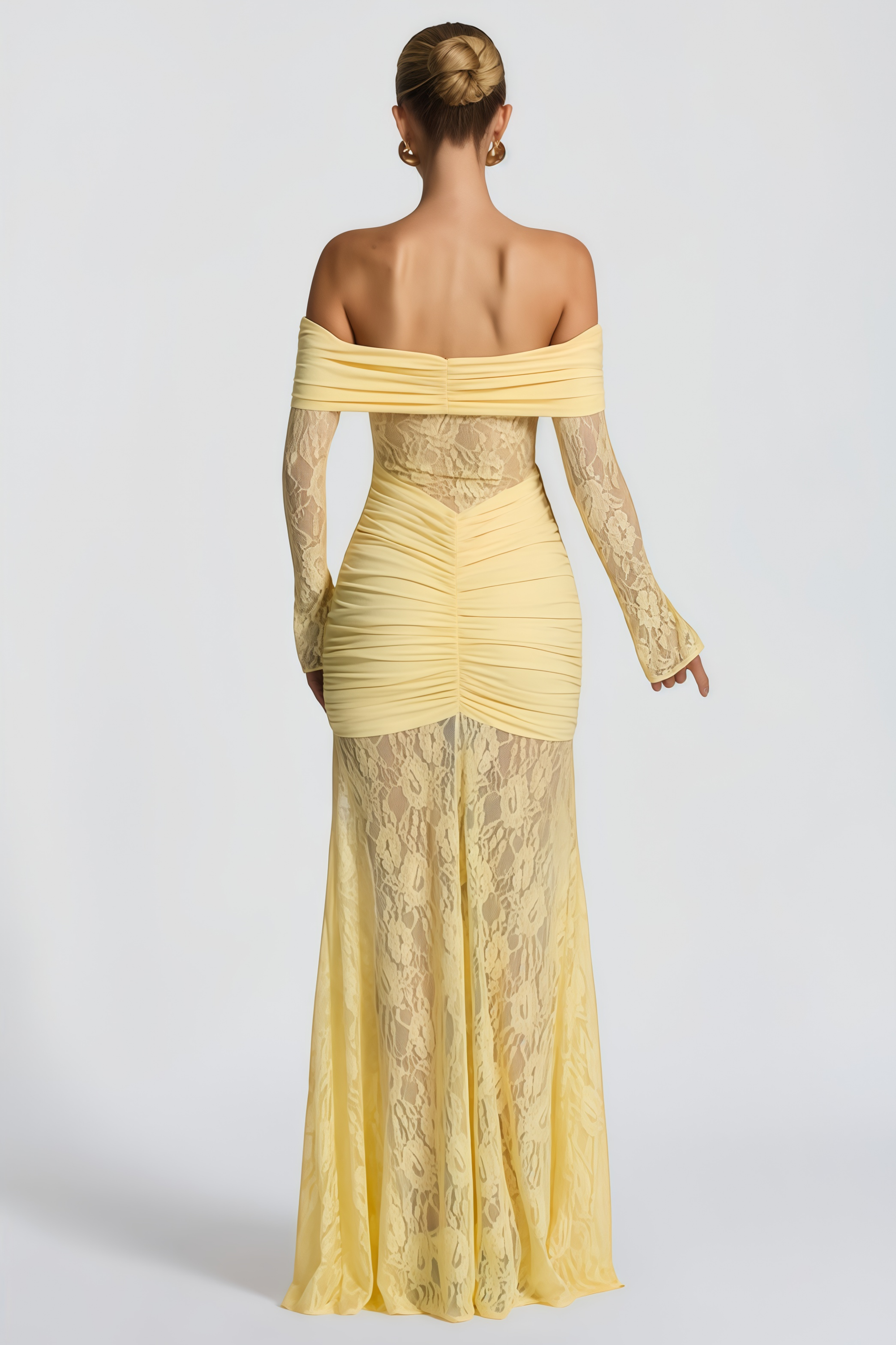 Brigitte Yellow Lace Panel Ruched Maxi Dress