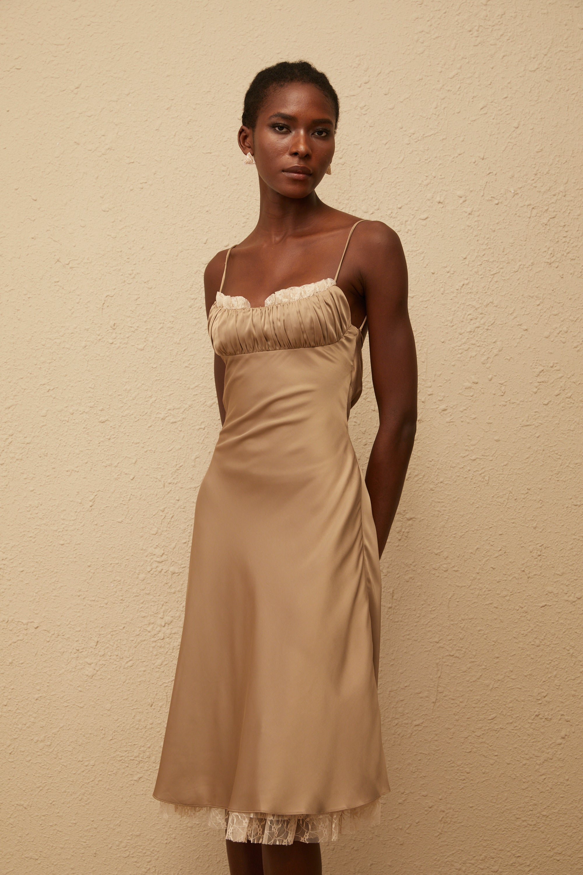 Ananias Khaki Lace Panel Satin Midi Dress (Final Sale)