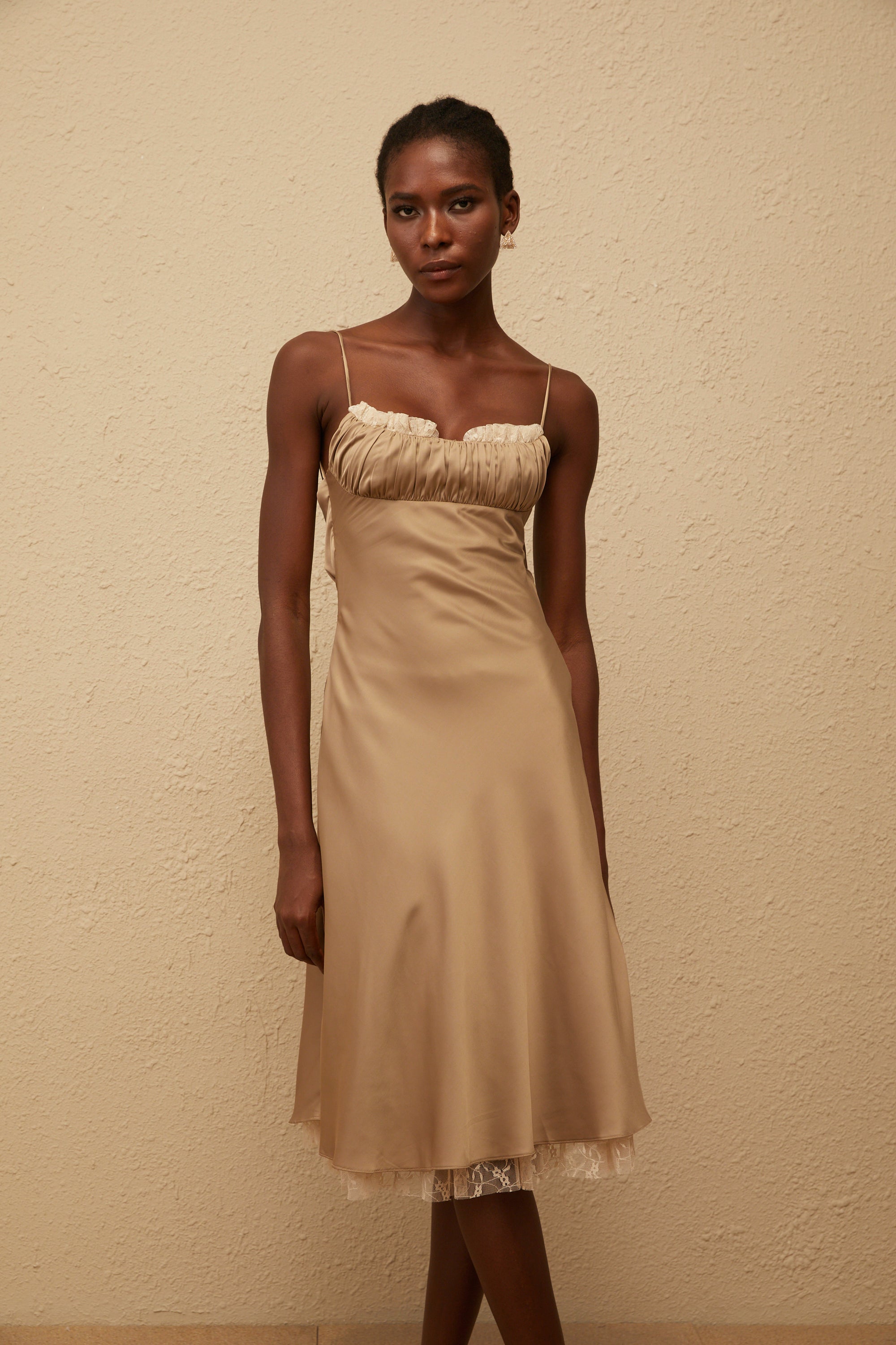 Ananias Khaki Lace Panel Satin Midi Dress (Final Sale)