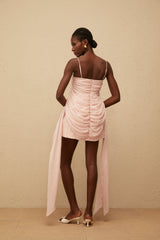Vénus Pink Ribbon Design Ruched Mini Dress