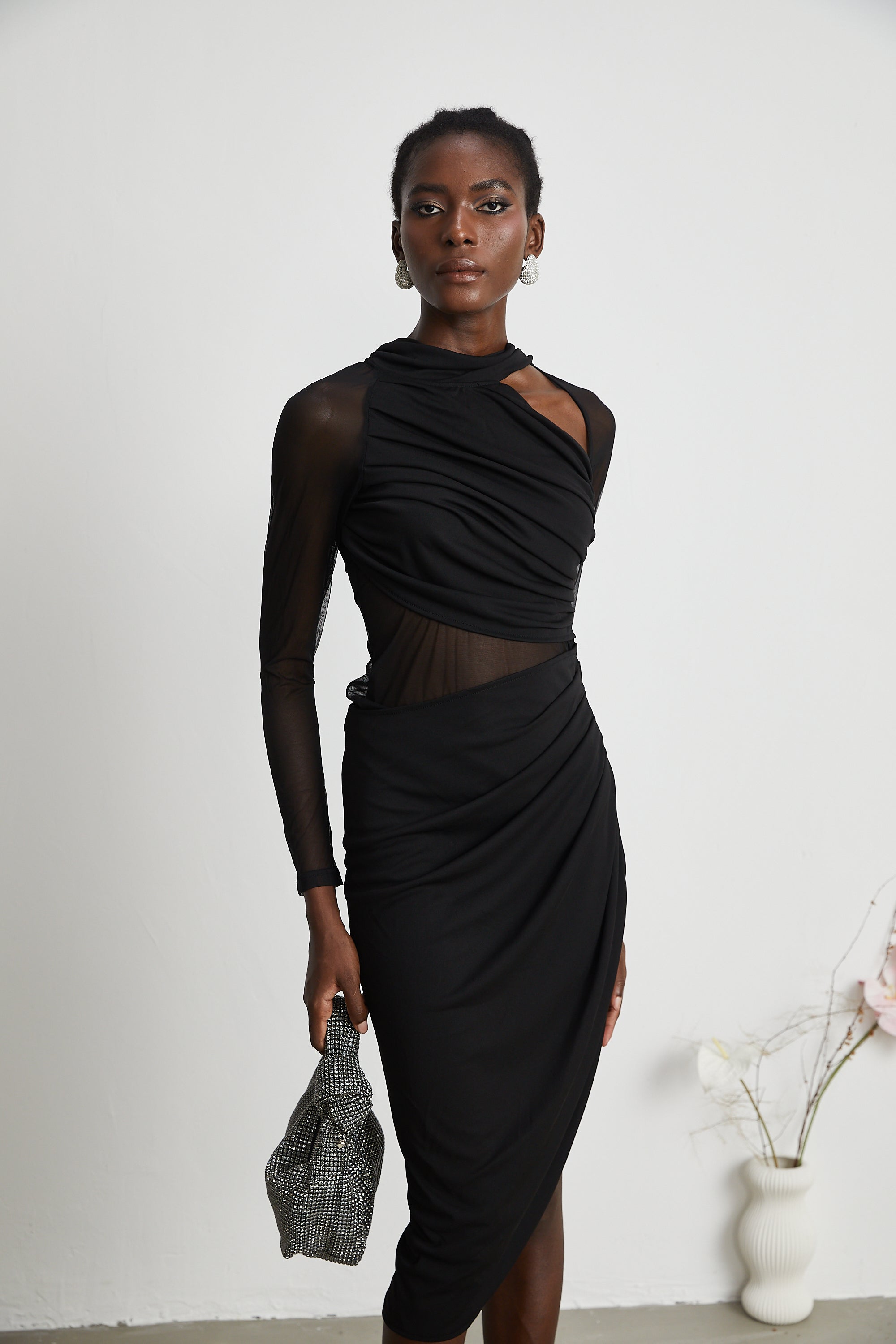 Clarisse semi-sheer ruched midi dress (Final Sale-US Only)
