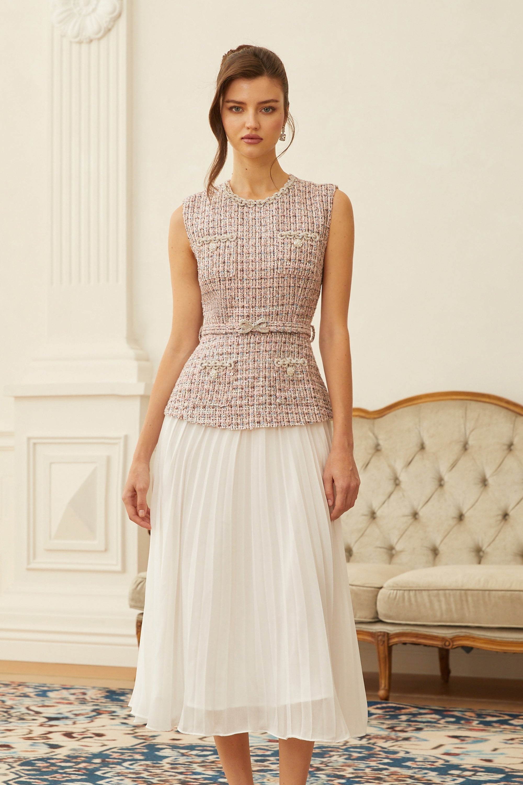 Lola Pink Embellished Tweed Panel Midi Dress