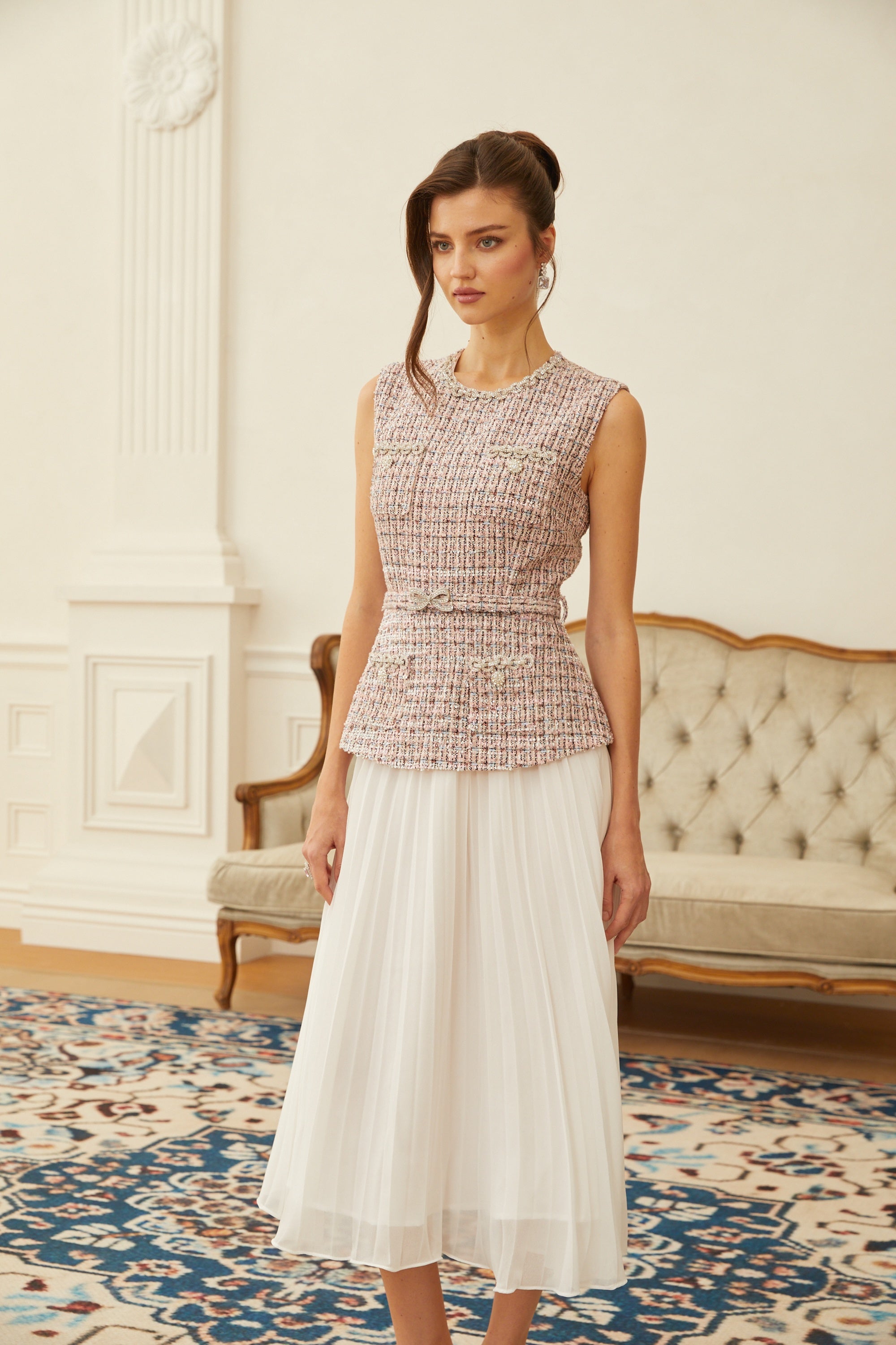 Lola Pink Embellished Tweed Panel Midi Dress