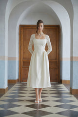 Dilla Neutral Lace Shirred Panel Midi Dress