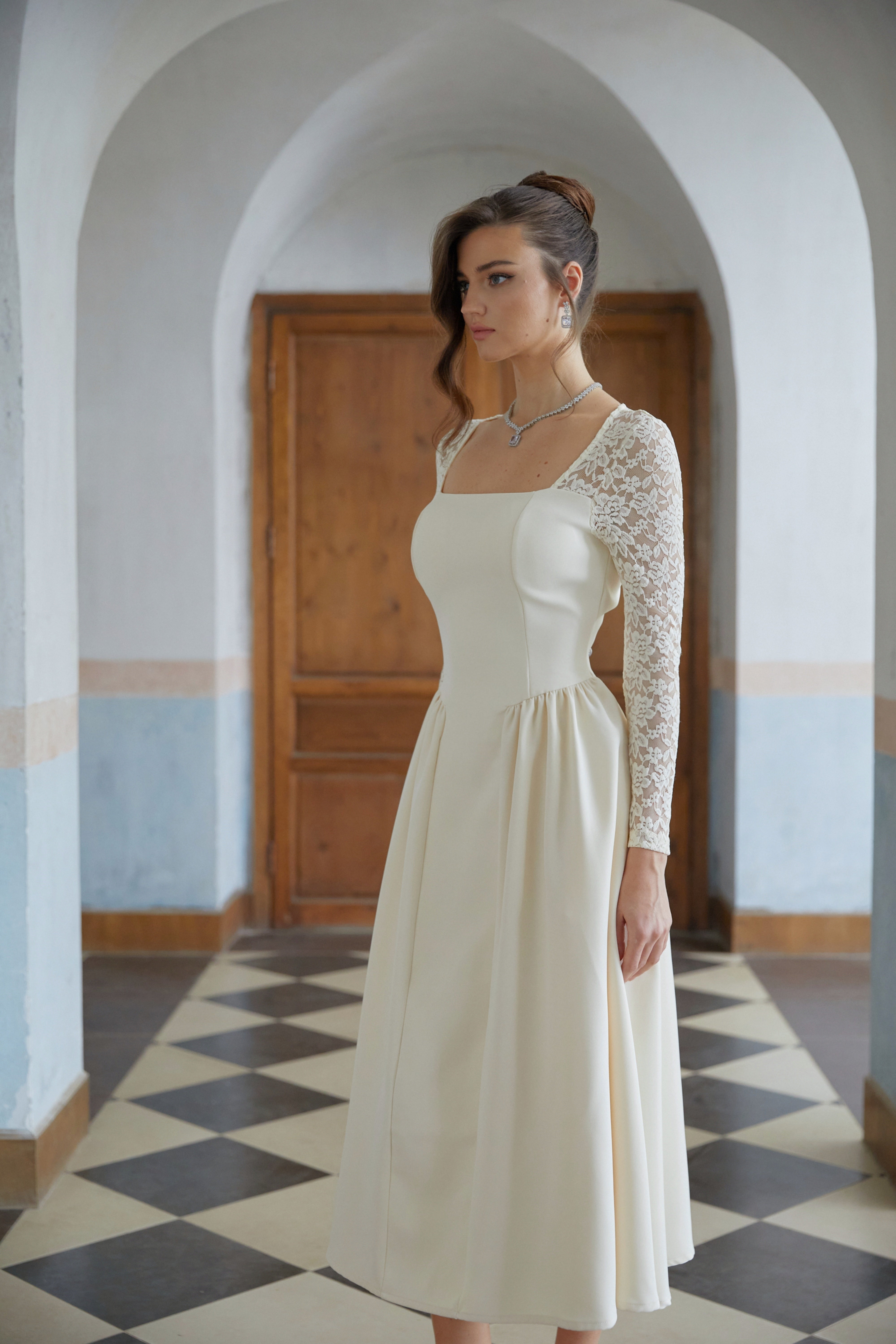 Dilla Neutral Lace Shirred Panel Midi Dress