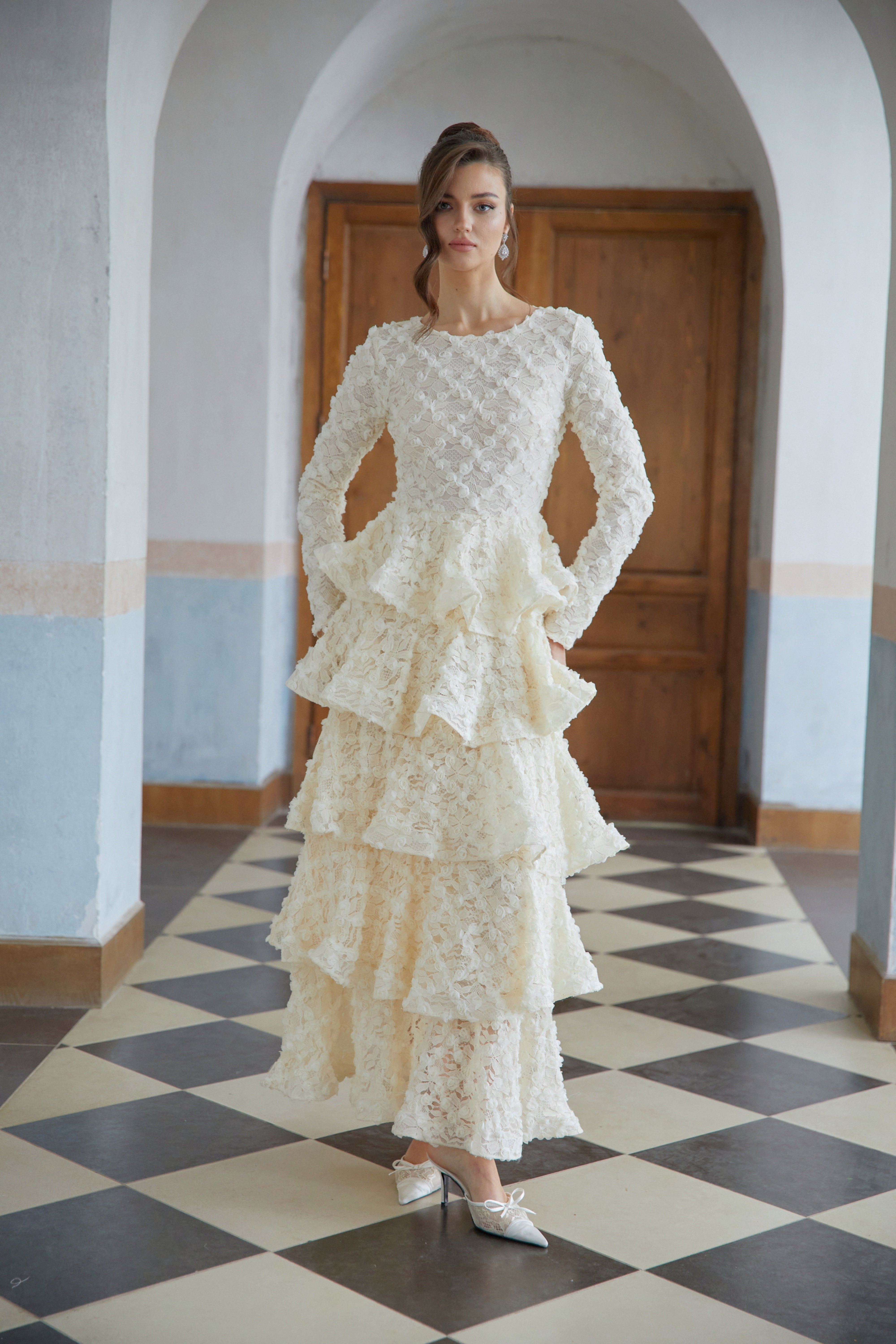 Halla Neutral Tiered Floral Lace Maxi Dress