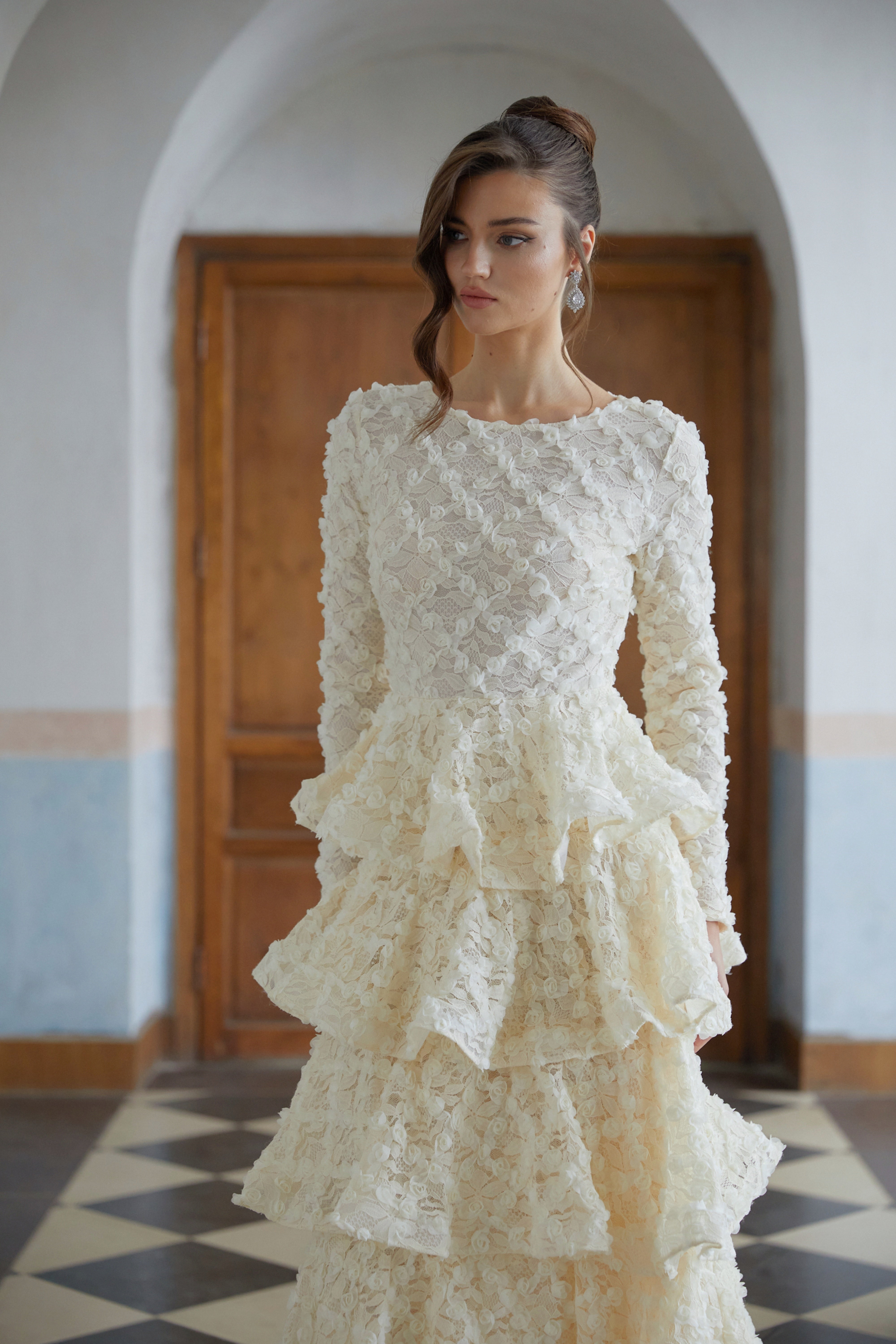 Halla Neutral Tiered Floral Lace Maxi Dress