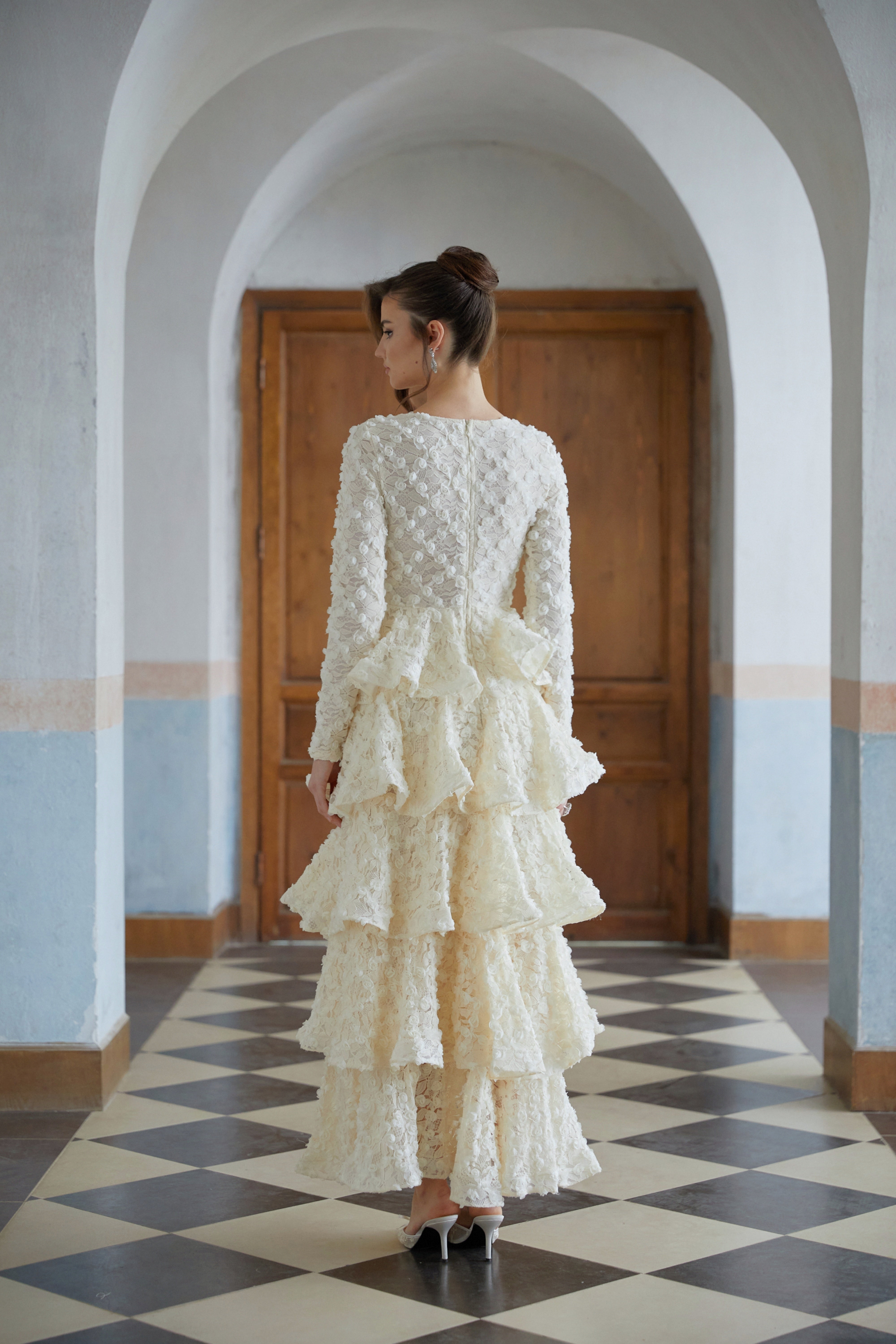 Halla Neutral Tiered Floral Lace Maxi Dress