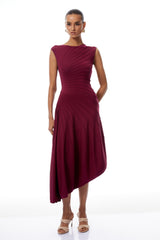 Orietta Burgundy Asymmetrical Draped Knit Midi Dress