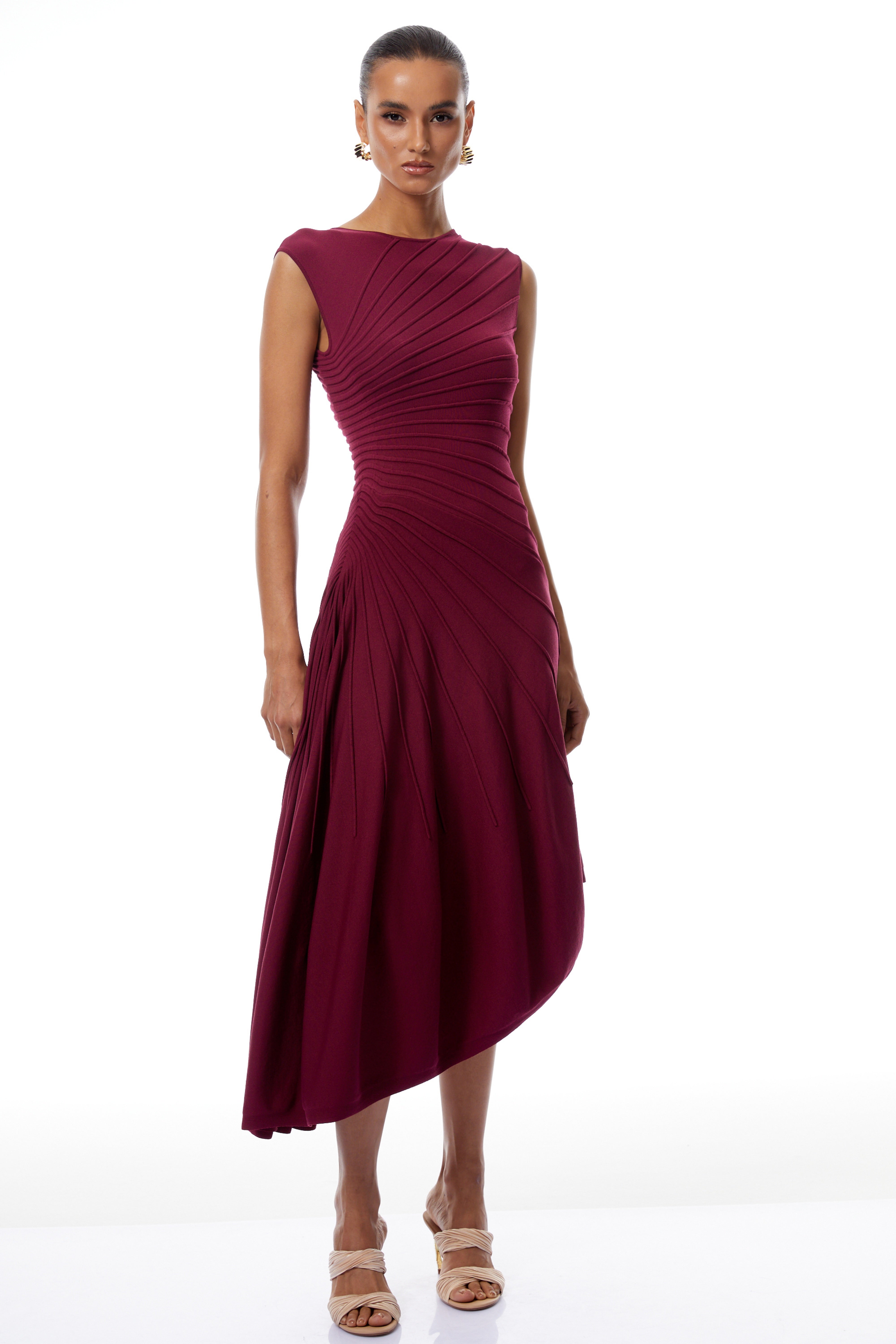 Orietta Burgundy Asymmetrical Draped Knit Midi Dress