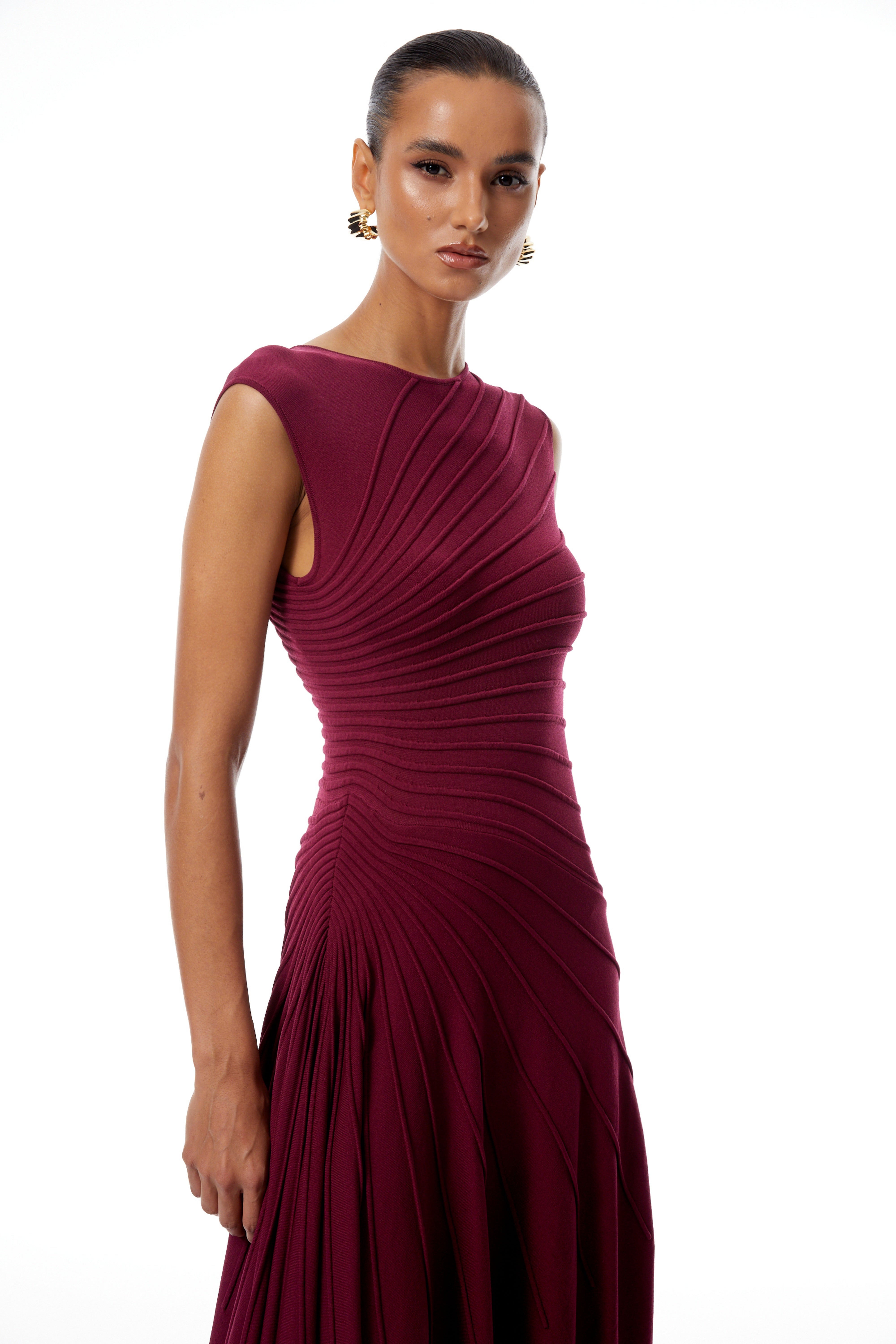 Orietta Burgundy Asymmetrical Draped Knit Midi Dress