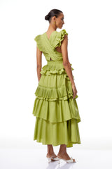 Raffaella Green Asymmetrical Ruffled Tiered Midi Dress