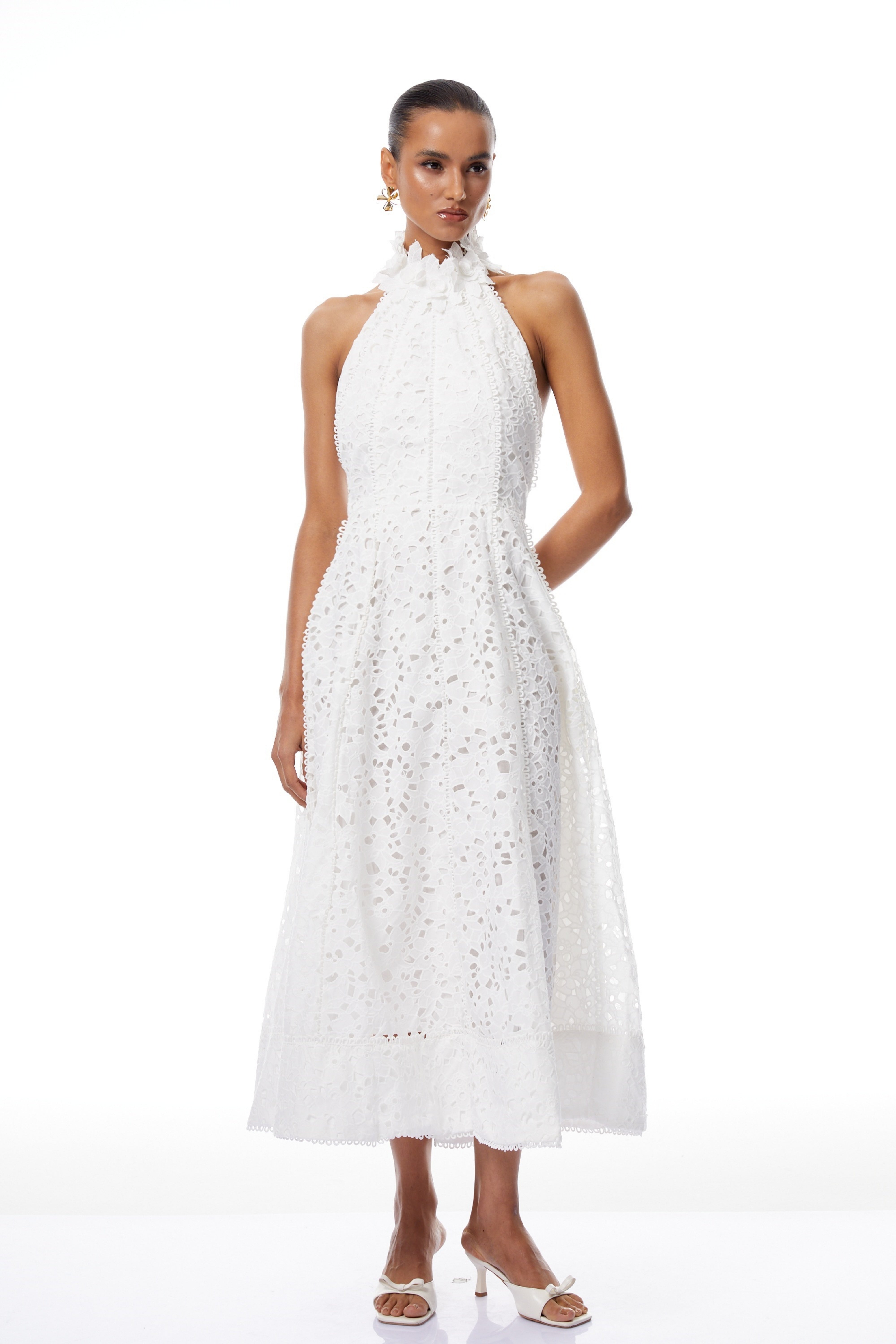 Solene White Halterneck Corded Lace Midi Dress