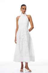 Solene White Halterneck Corded Lace Midi Dress