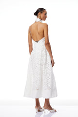 Solene White Halterneck Corded Lace Midi Dress