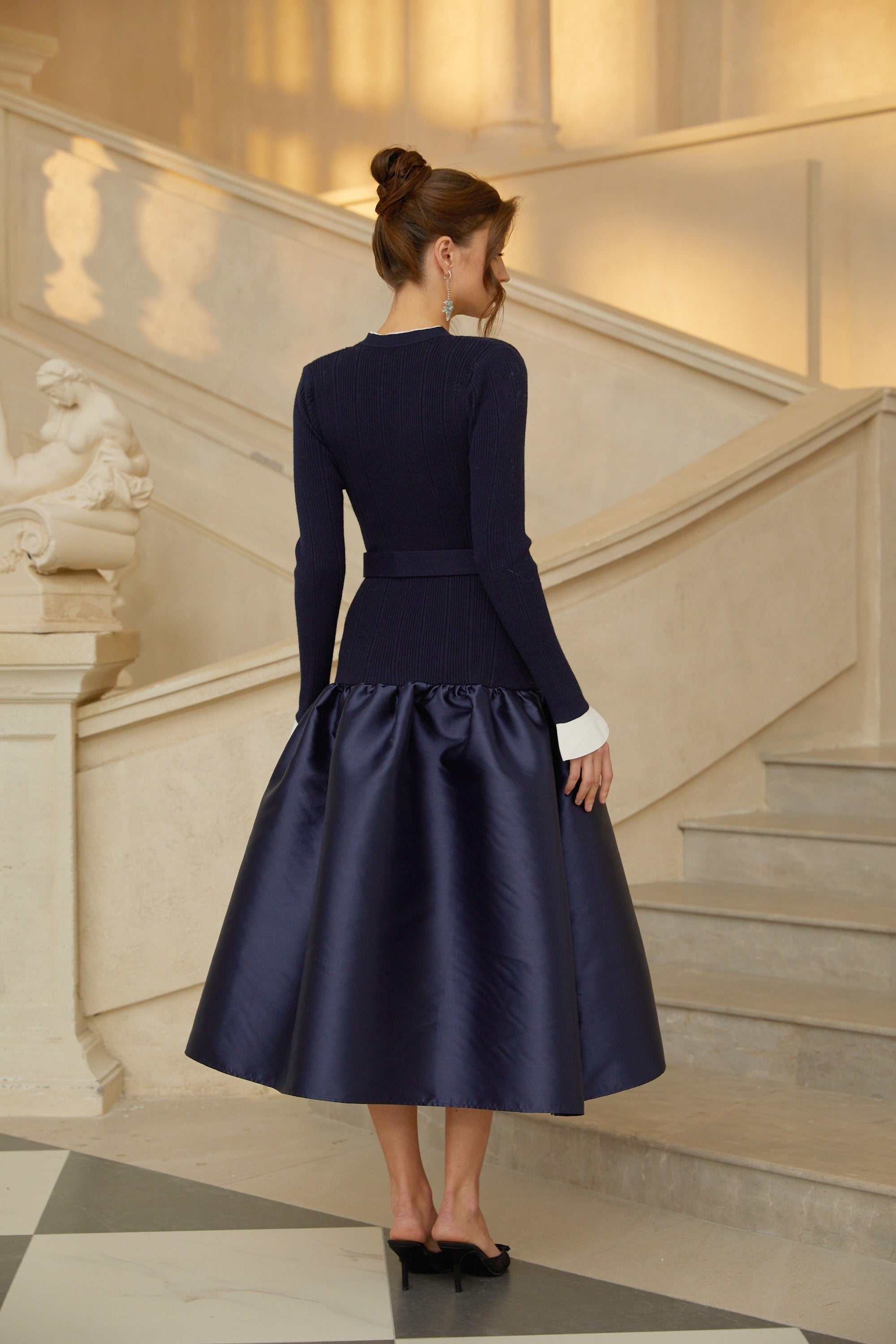 Fern Navy Blue Satin Panel Knit Midi Dress