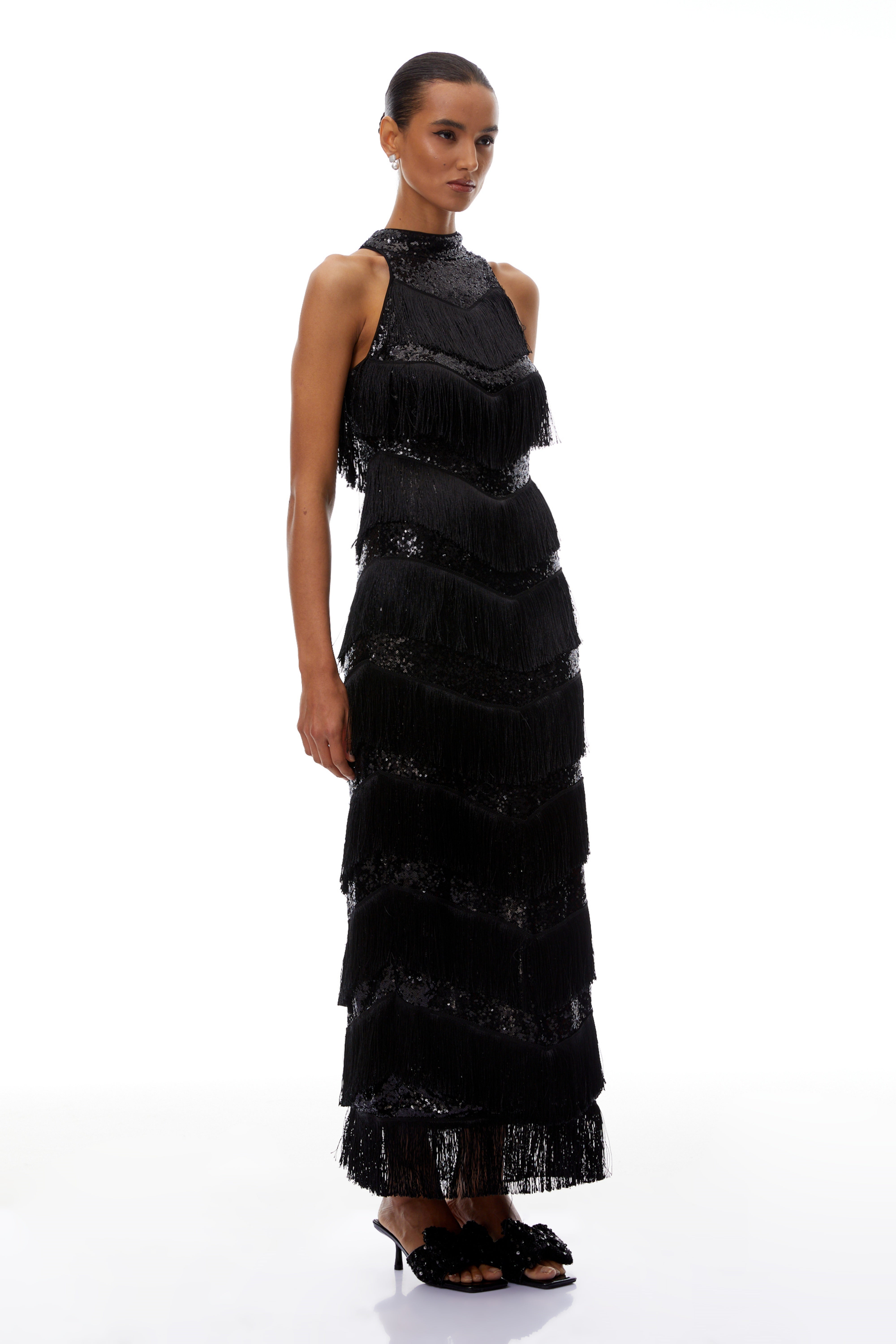 Bridget Black Halterneck Fringed Maxi Dress