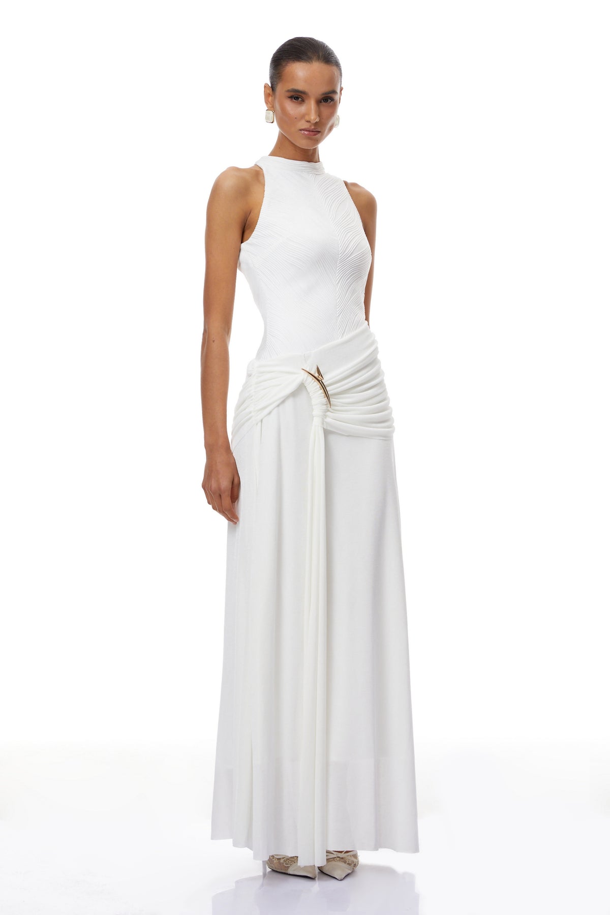 Klara White Ruched Ribbon Textured Maxi Dress