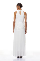 Klara White Ruched Ribbon Textured Maxi Dress
