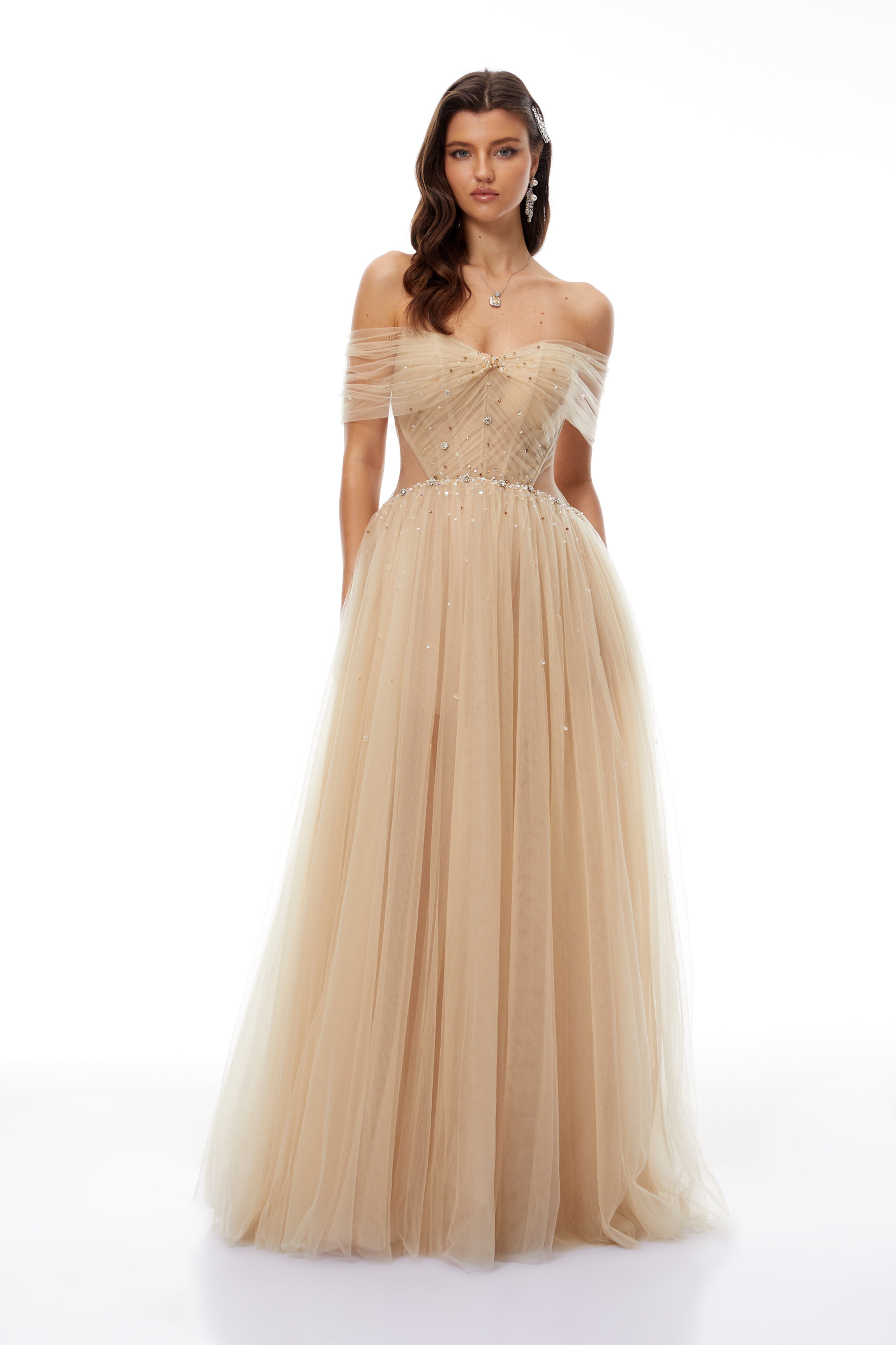 Georgia Neutral Embellished Tulle Maxi Gown
