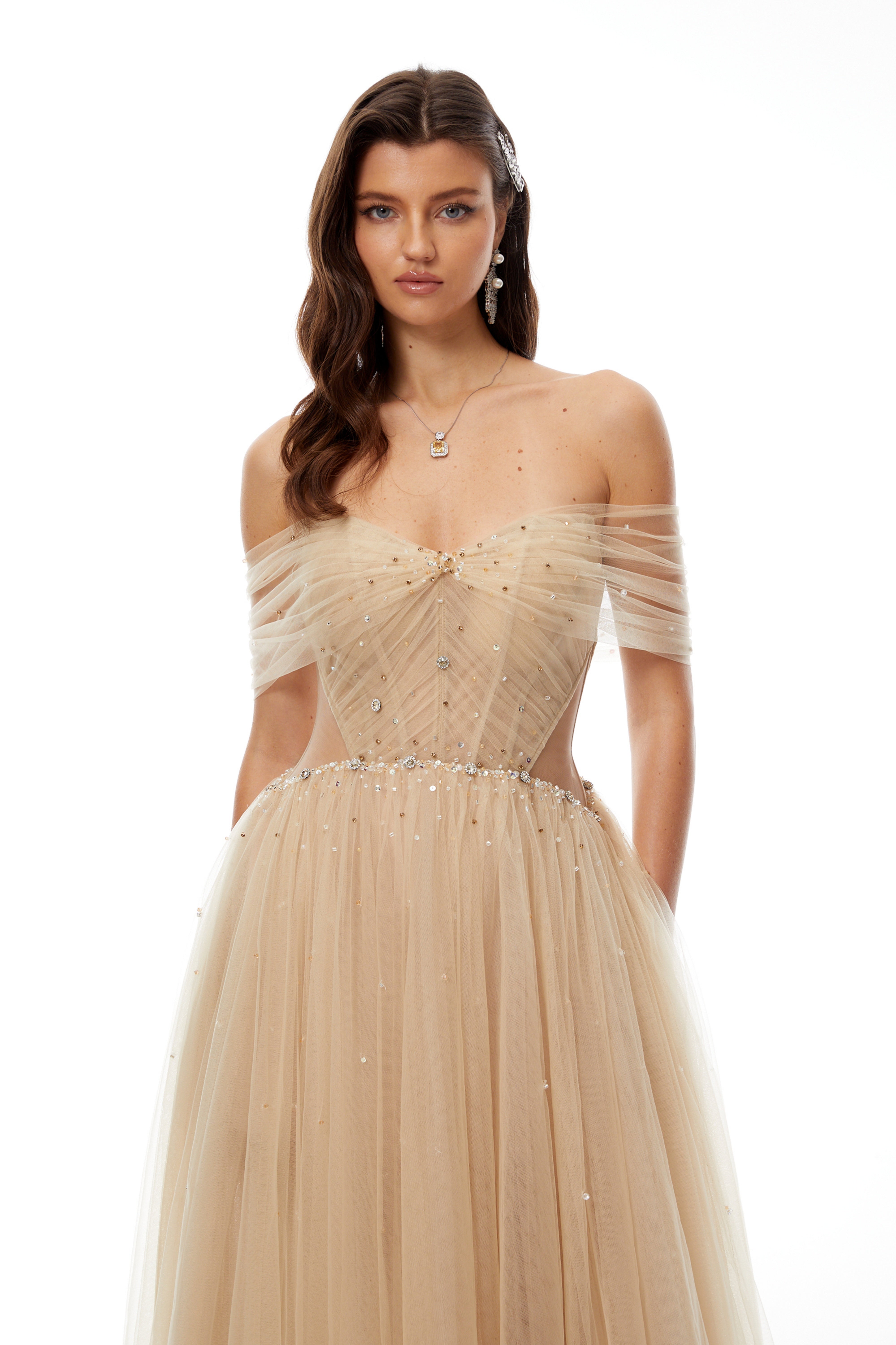Georgia Neutral Embellished Tulle Maxi Gown