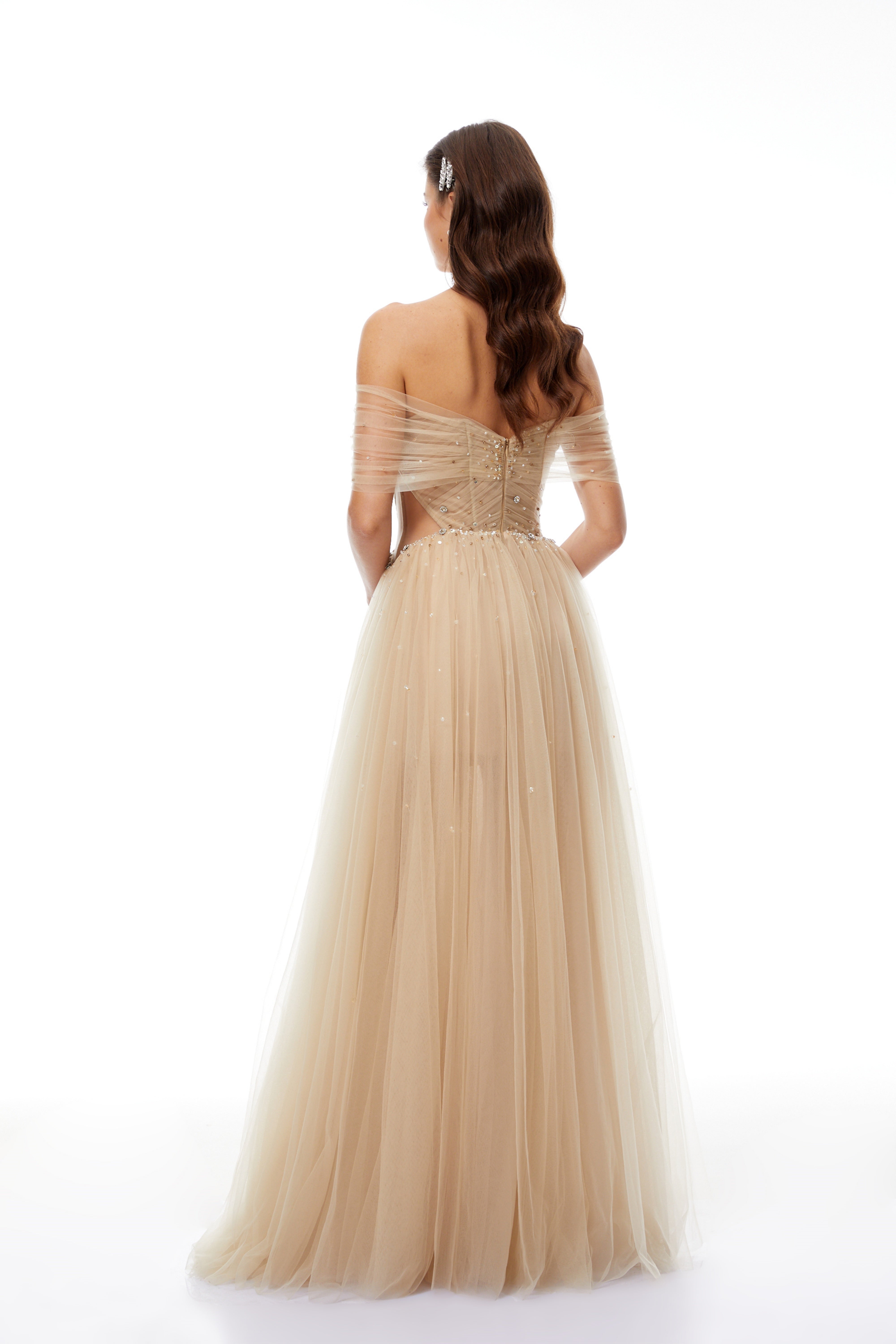 Georgia Neutral Embellished Tulle Maxi Gown