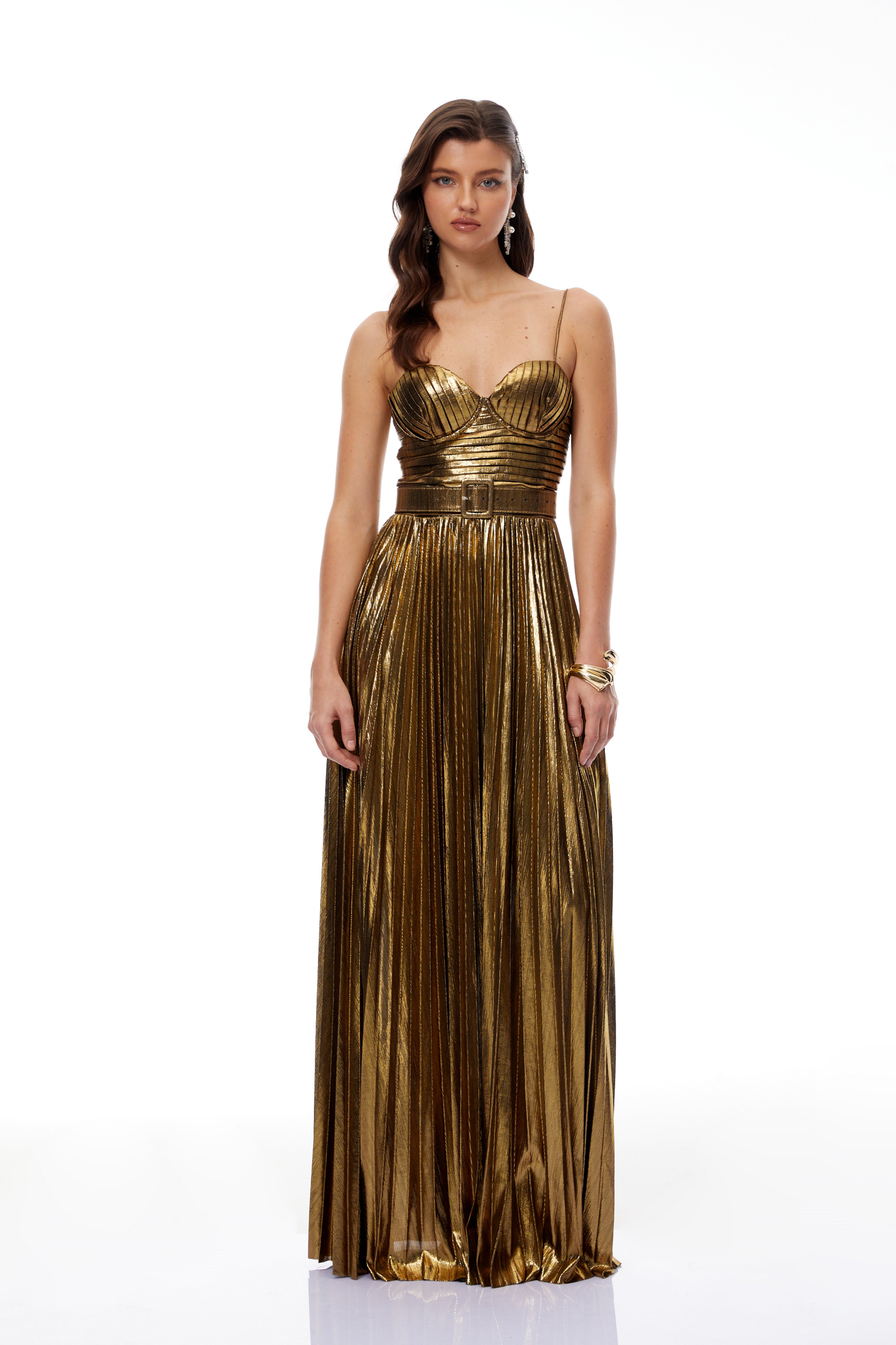 Calliope Gold Glossy Pleated Maxi Dress