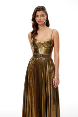 Calliope Gold Glossy Pleated Maxi Dress
