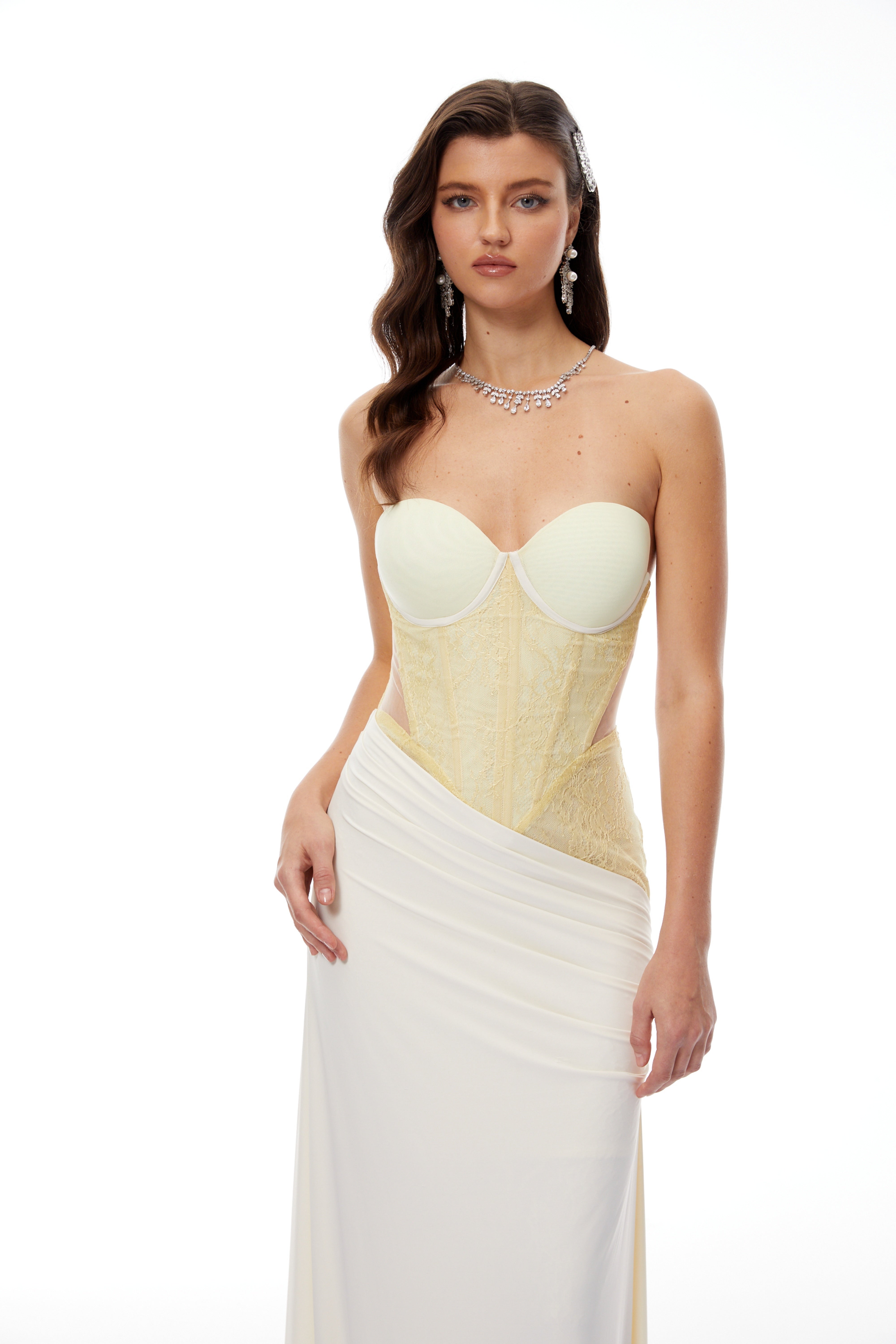 Beata Yellow Lace Corset Bodice Maxi Dress