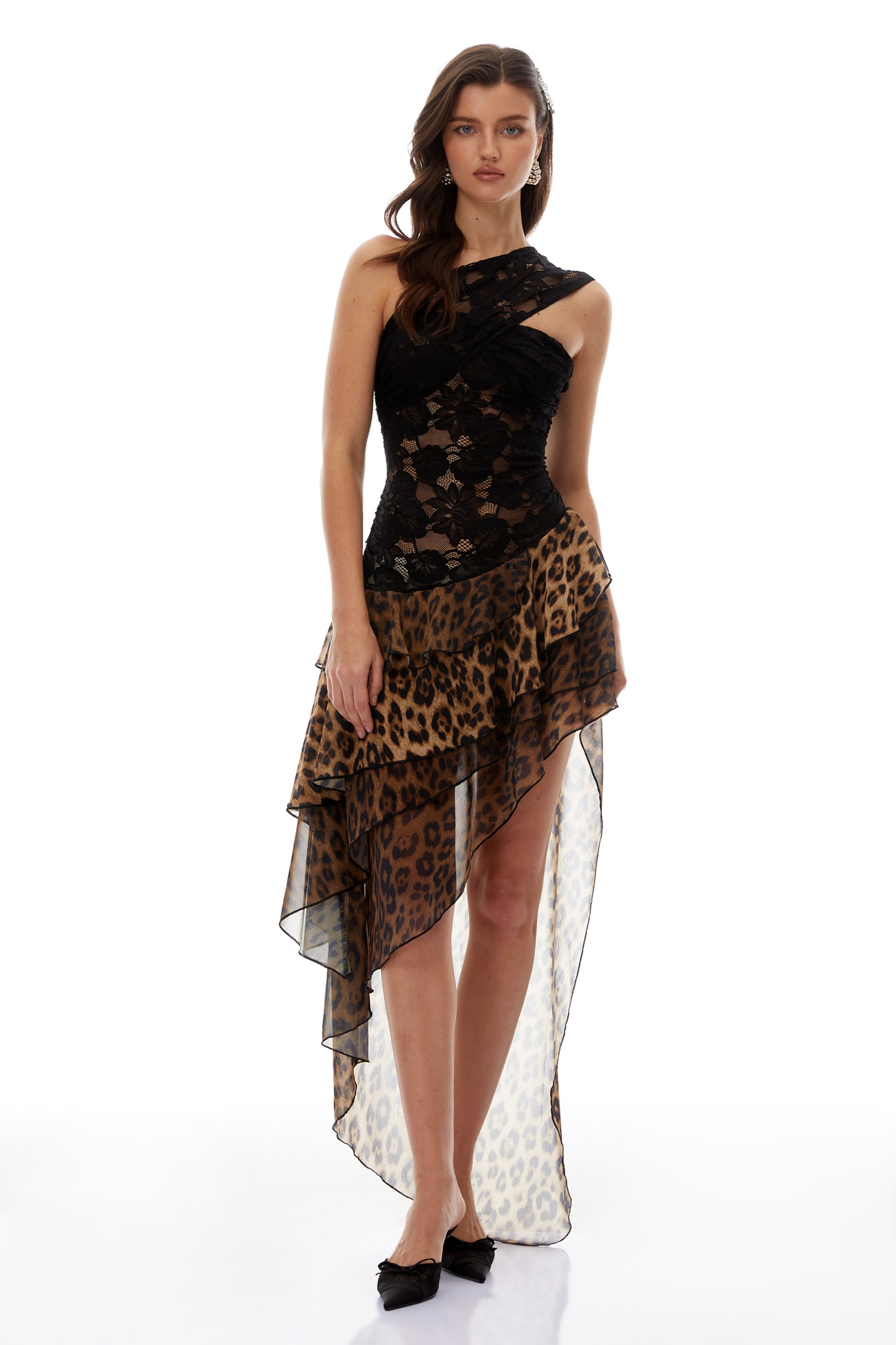 Marion Black Leopard Print Asymmetrical Maxi Dress