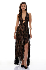 Elena Black Halterneck Floral Lace Maxi Dress