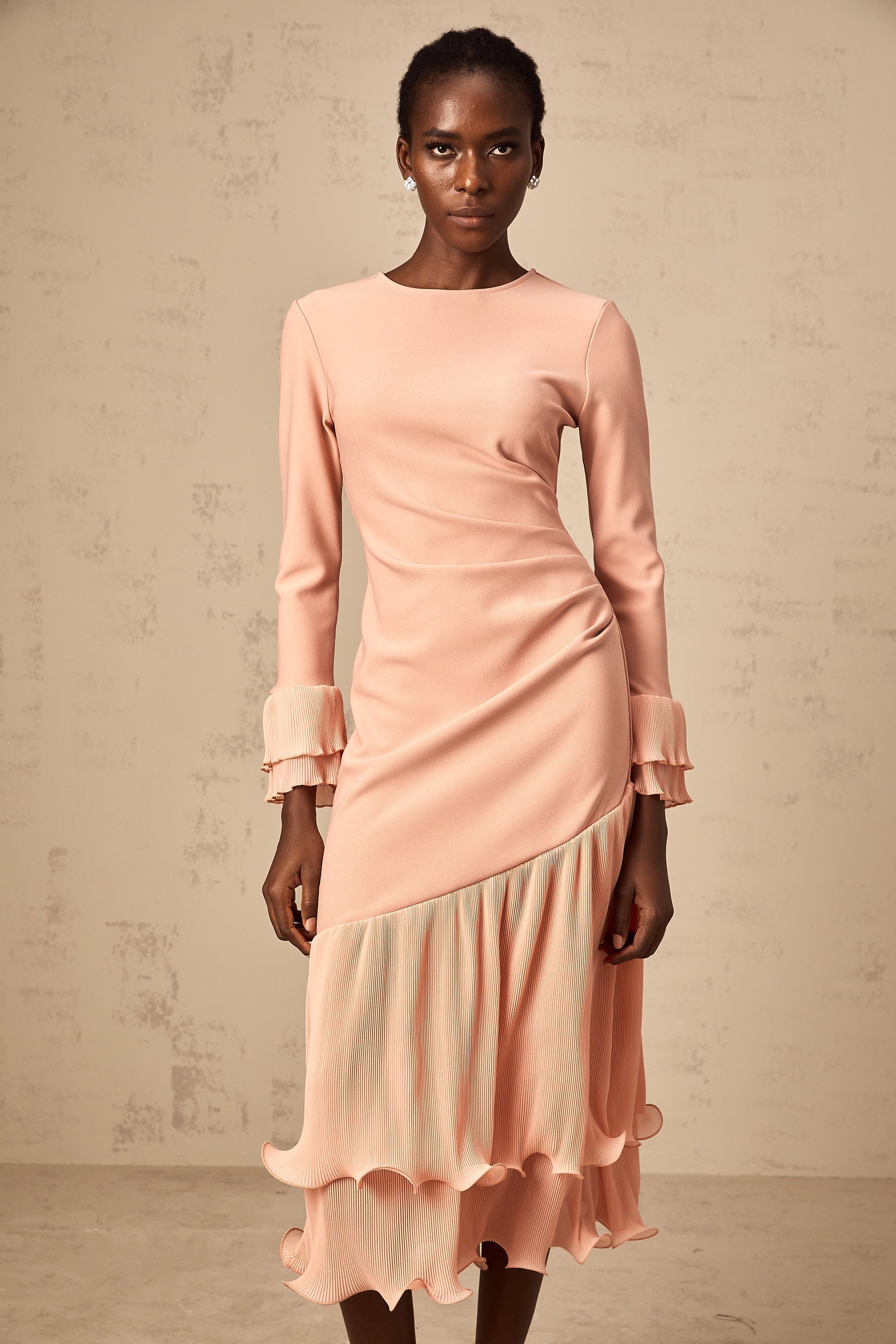 Fleurida ruffled-trim panelled midi dress in Pink (Final Sale)