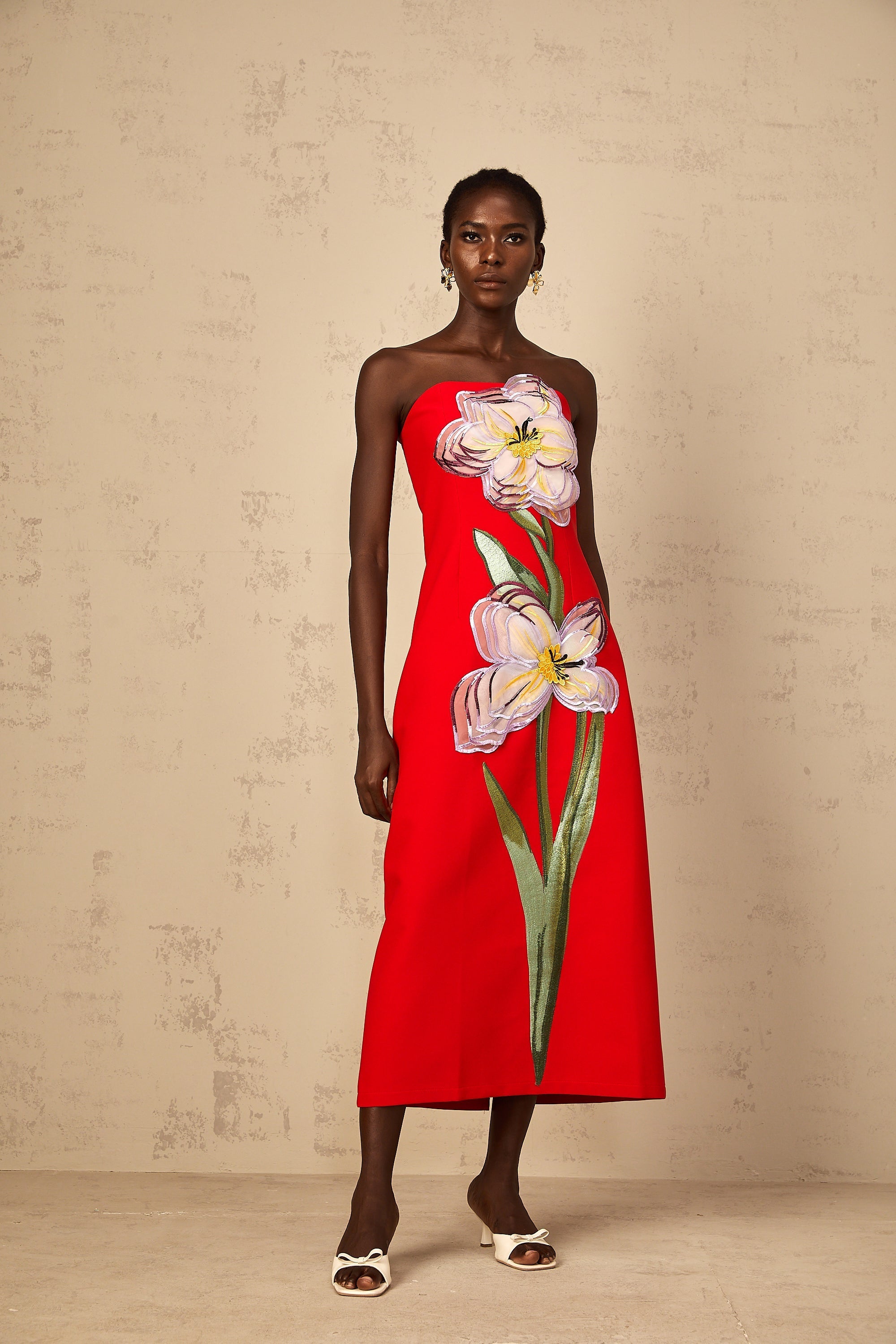 Irène Sequin Embroidered Off-Shoulder Midi Dress in Red (Final Sale-US Only)